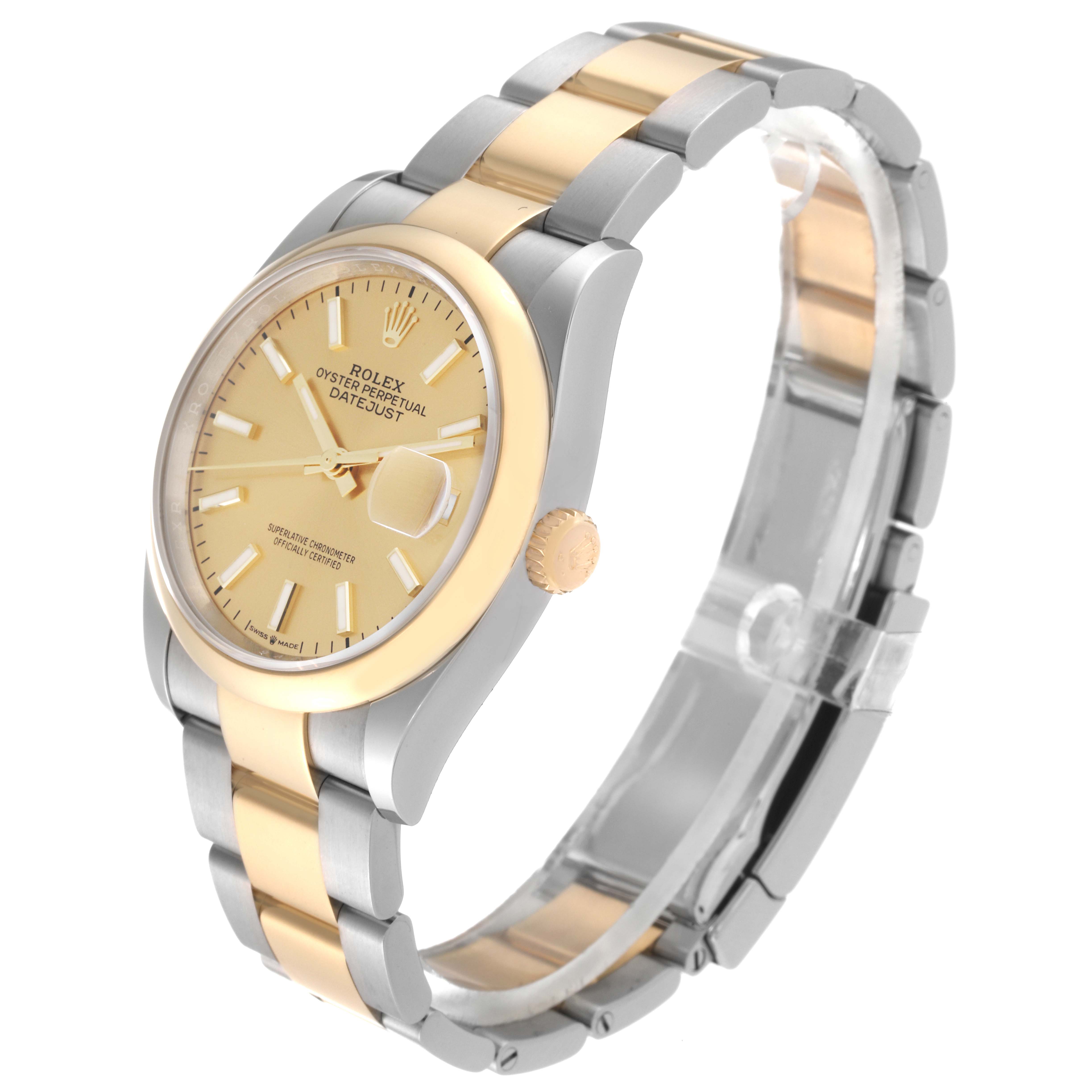 The image shows a Rolex Datejust 126203 Men's Steel and Gold (two tone) Champagne Dial 126203 Men's Steel and Gold (two tone) Champagne Dial watch from a front angle, highlighting its two-tone gold and silver bracelet and champagne dial.