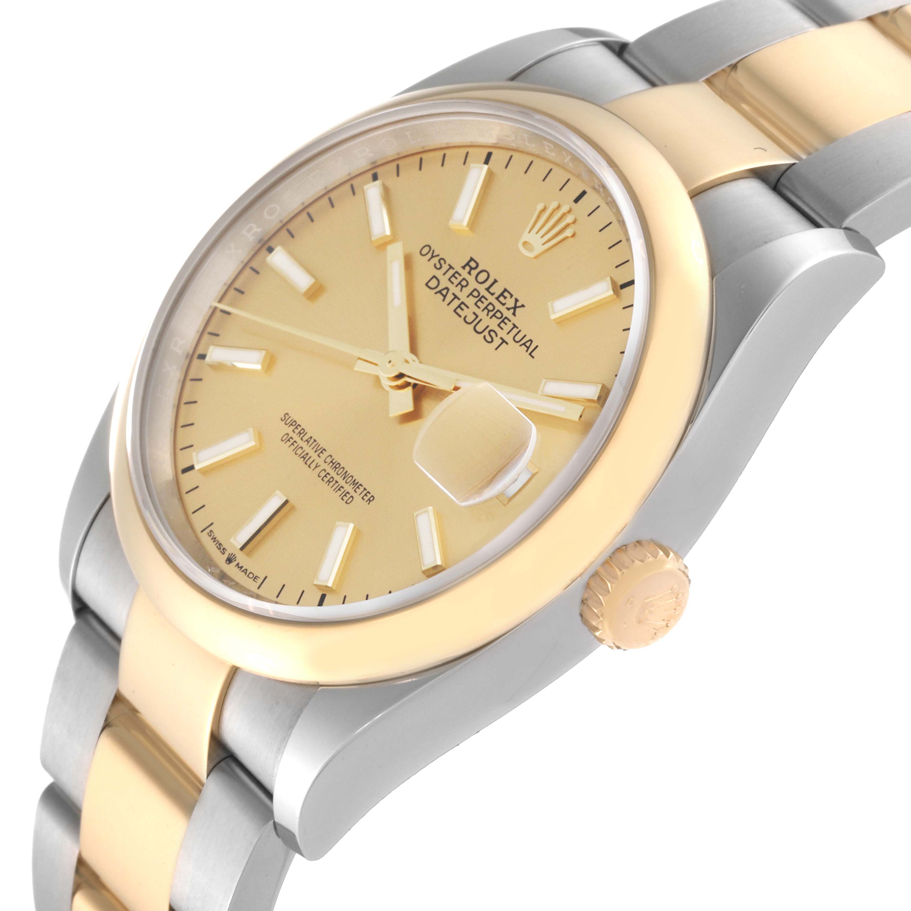 This image shows a close-up side angle of the Rolex Datejust 126203 Men's Steel and Gold (two tone) Champagne Dial 126203 Men's Steel and Gold (two tone) Champagne Dial watch, highlighting the dial, crown, and part of the bracelet.