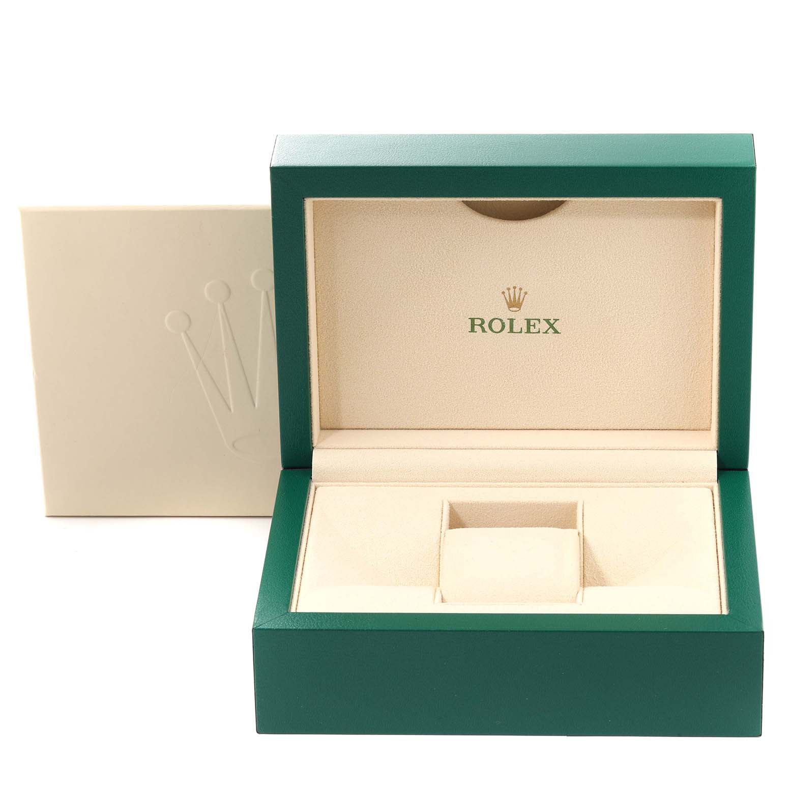 This image shows an open Rolex Datejust 126203 Men's Steel and Gold (two tone) Champagne Dial 126203 Men's Steel and Gold (two tone) Champagne Dial watch box with green and beige interior and the Rolex logo inside.