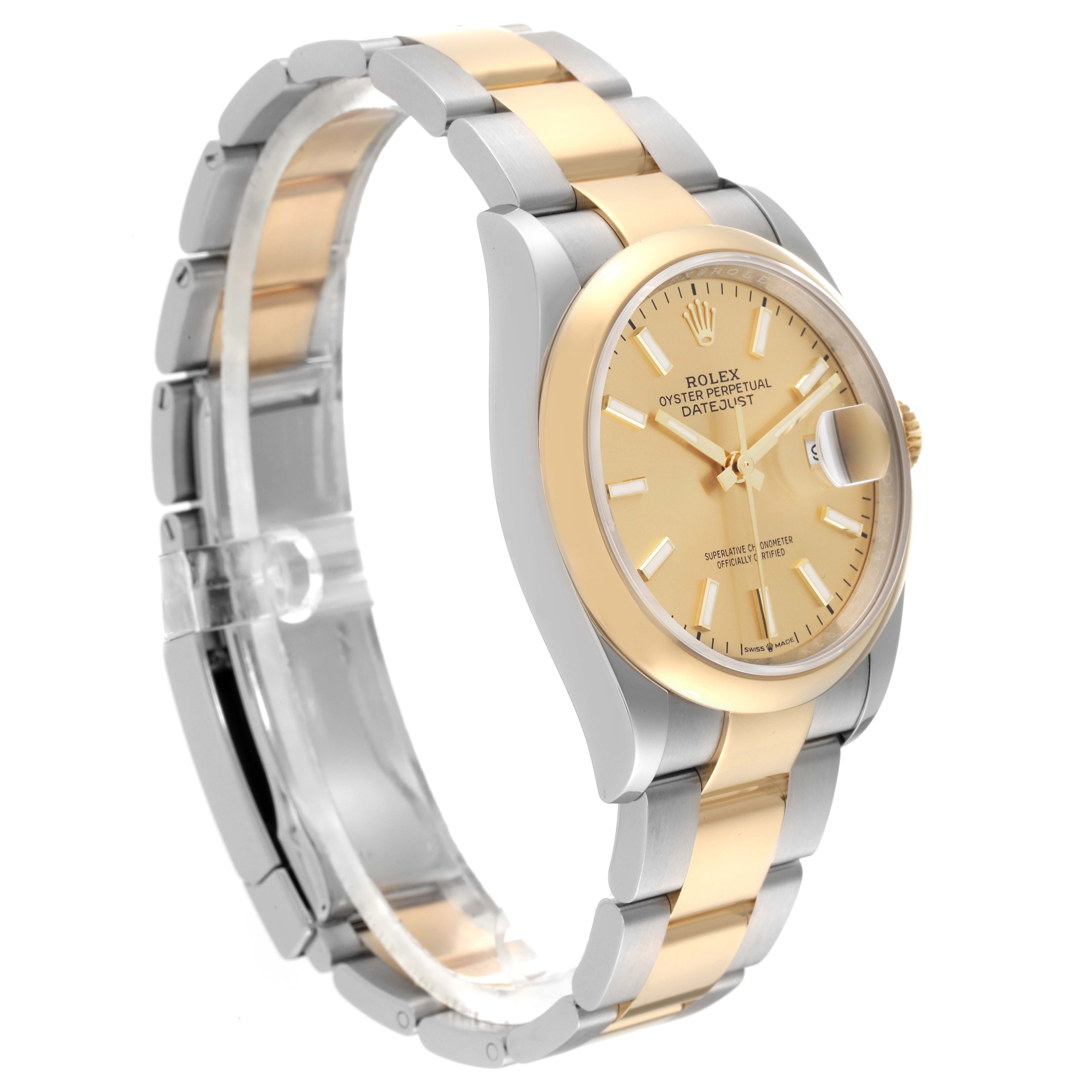 The Rolex Datejust 126203 Men's Steel and Gold (two tone) Champagne Dial 126203 Men's Steel and Gold (two tone) Champagne Dial watch is shown from an angle highlighting its face, crown, and two-tone bracelet.