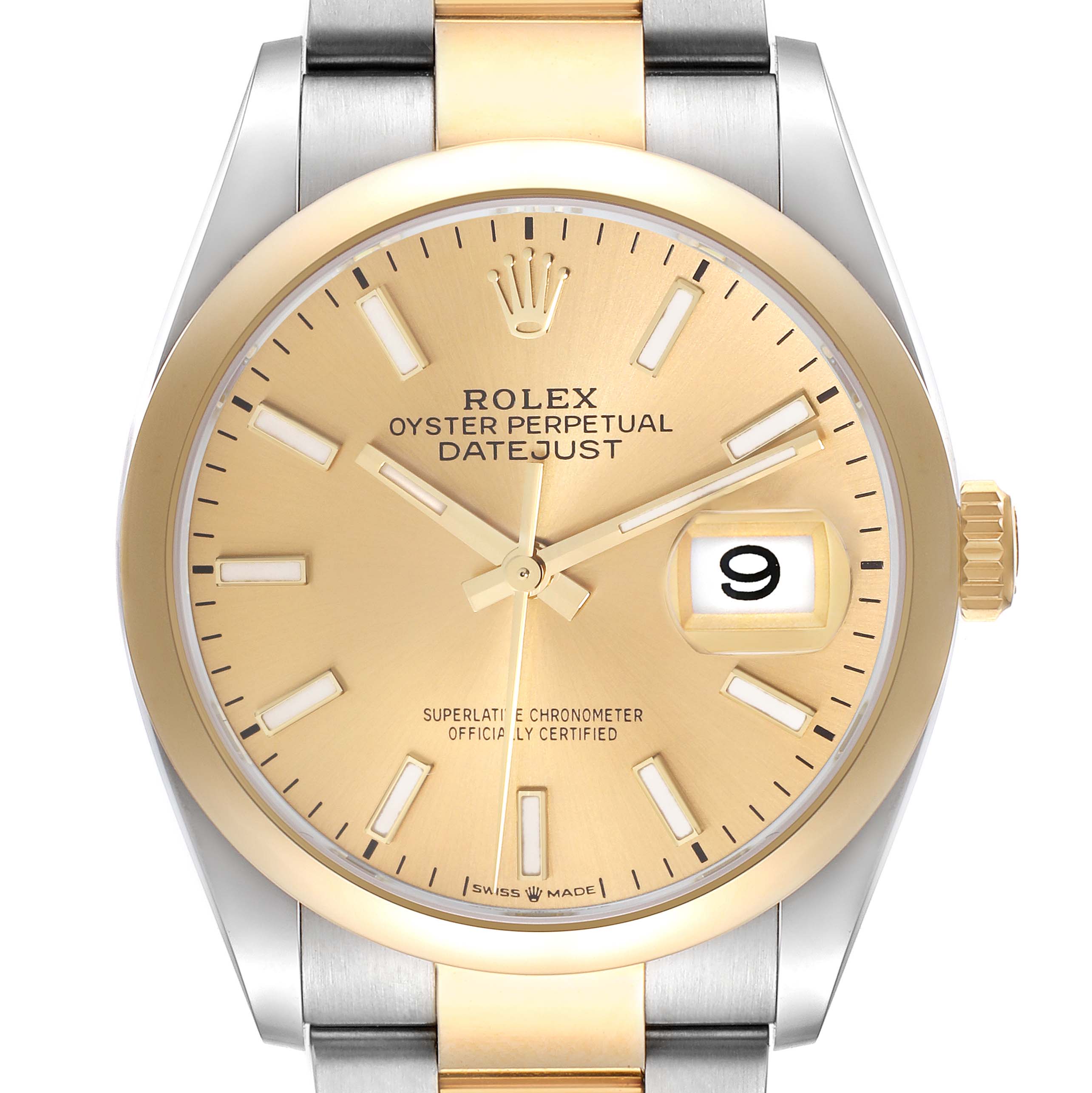 This image shows a front view of a Rolex Datejust 126203 Men's Steel and Gold (two tone) Champagne Dial 126203 Men's Steel and Gold (two tone) Champagne Dial watch, highlighting the dial, hands, bezel, and bracelet.