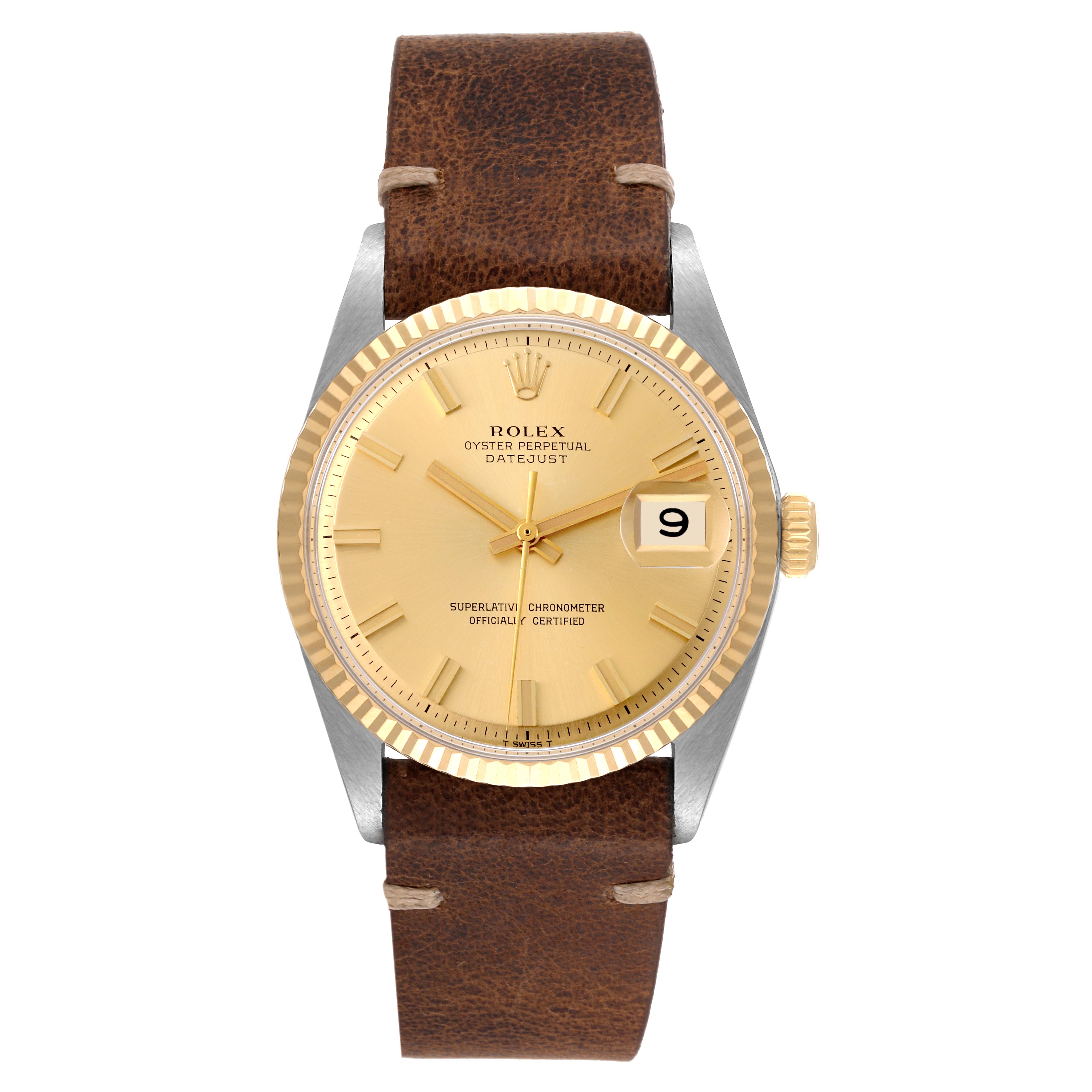 This image shows a Rolex Datejust 1601 Men's Steel and Gold (two tone) Champagne Dial 1601 Men's Steel and Gold (two tone) Champagne Dial watch from a front angle, highlighting the dial, bezel, and leather strap.