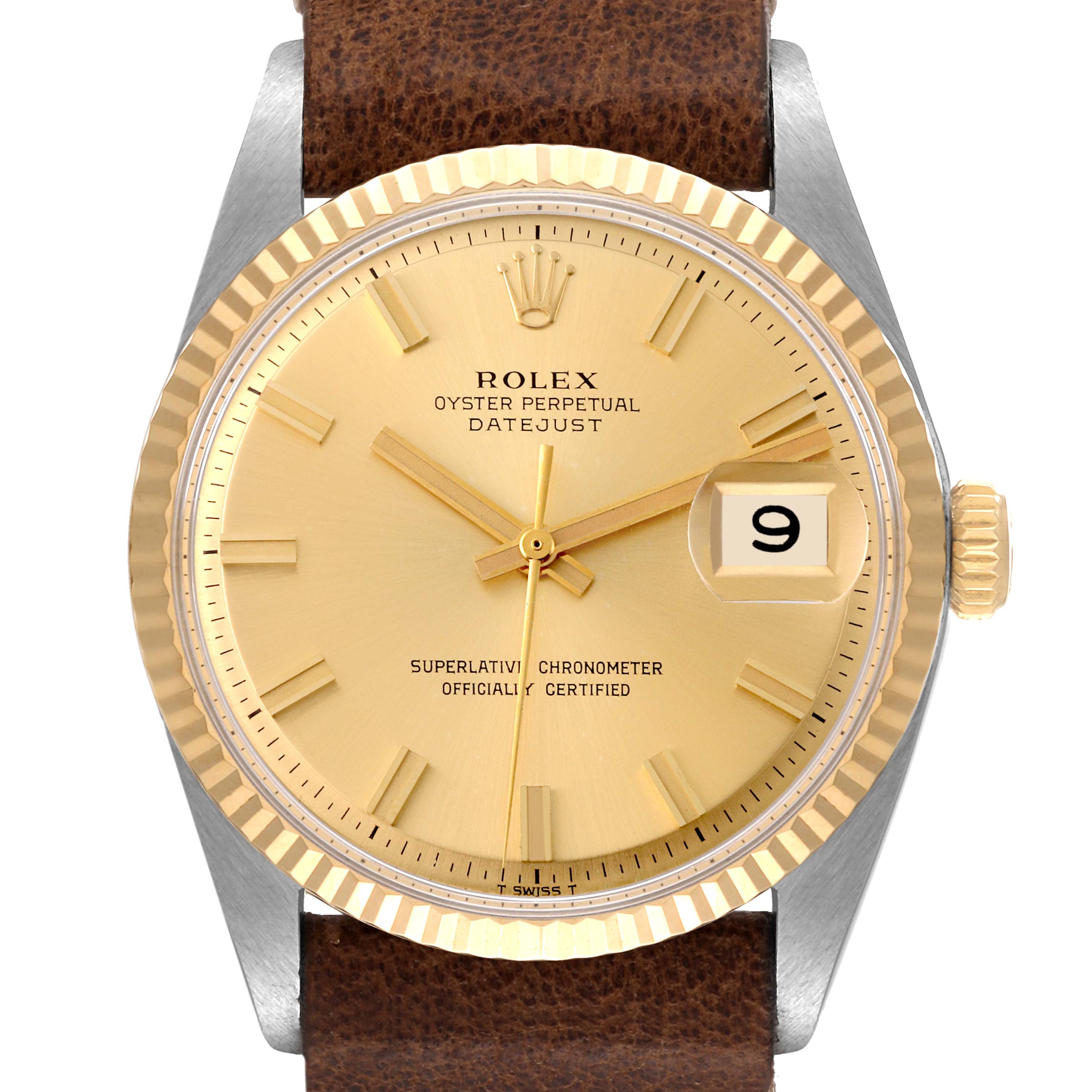 This is a close-up of a Rolex Datejust 1601 Men's Steel and Gold (two tone) Champagne Dial 1601 Men's Steel and Gold (two tone) Champagne Dial watch, showing the dial, bezel, crown, and part of the leather strap.