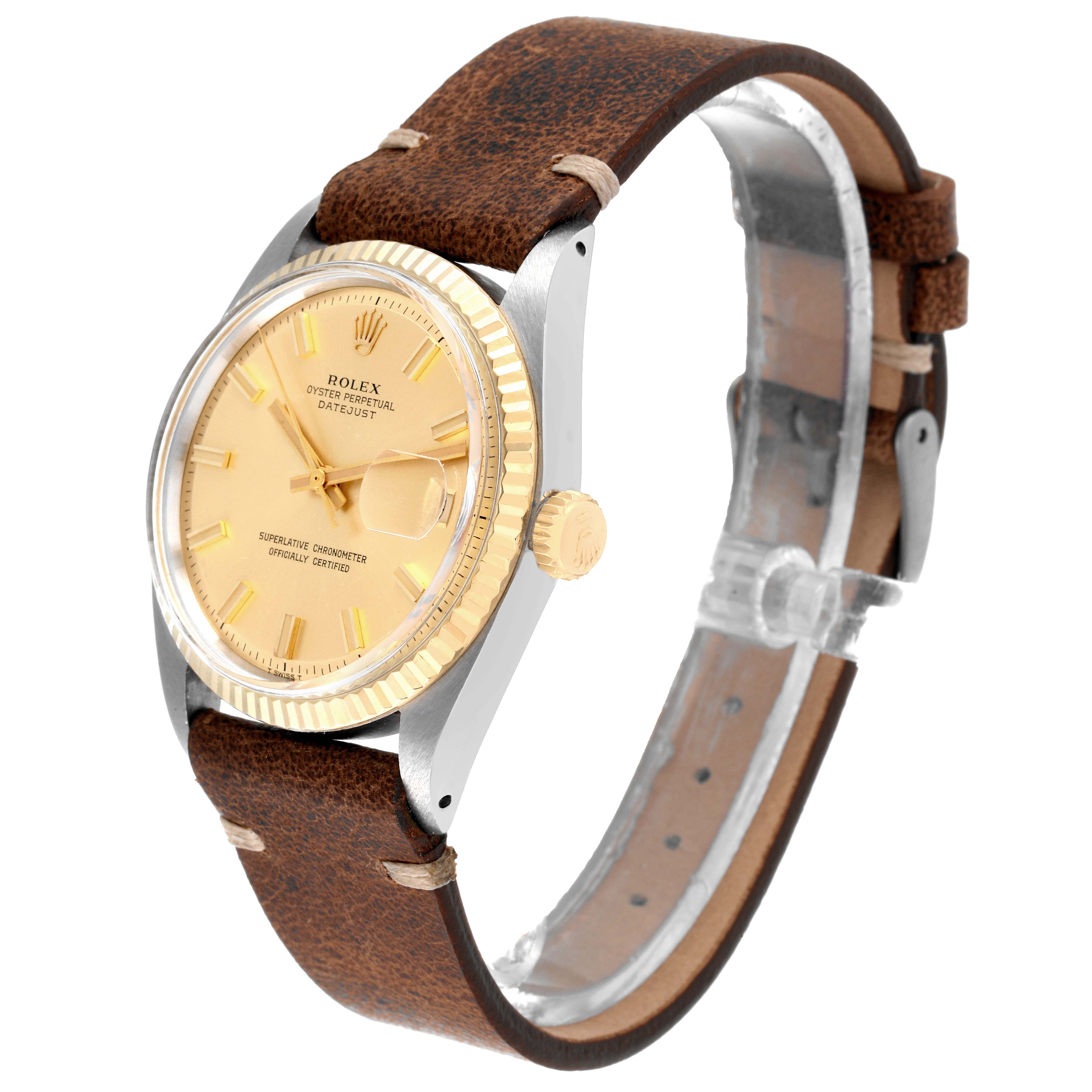 The image shows a side and front angle of the Rolex Datejust 1601 Men's Steel and Gold (two tone) Champagne Dial 1601 Men's Steel and Gold (two tone) Champagne Dial watch, displaying the dial, bezel, crown, and leather strap.