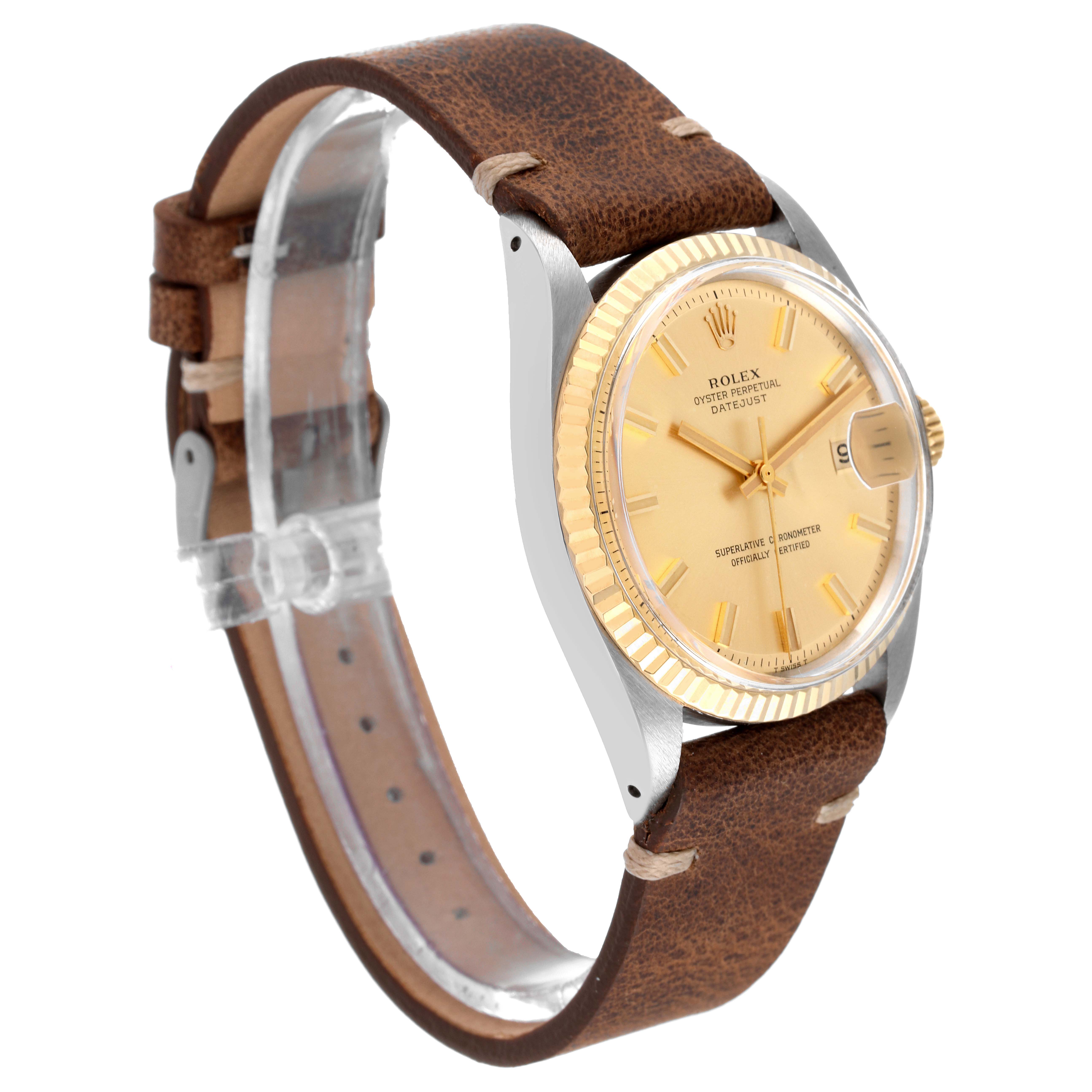 The image shows a Rolex Datejust 1601 Men's Steel and Gold (two tone) Champagne Dial 1601 Men's Steel and Gold (two tone) Champagne Dial watch at a three-quarter angle, featuring a brown leather strap, gold dial, and fluted bezel.