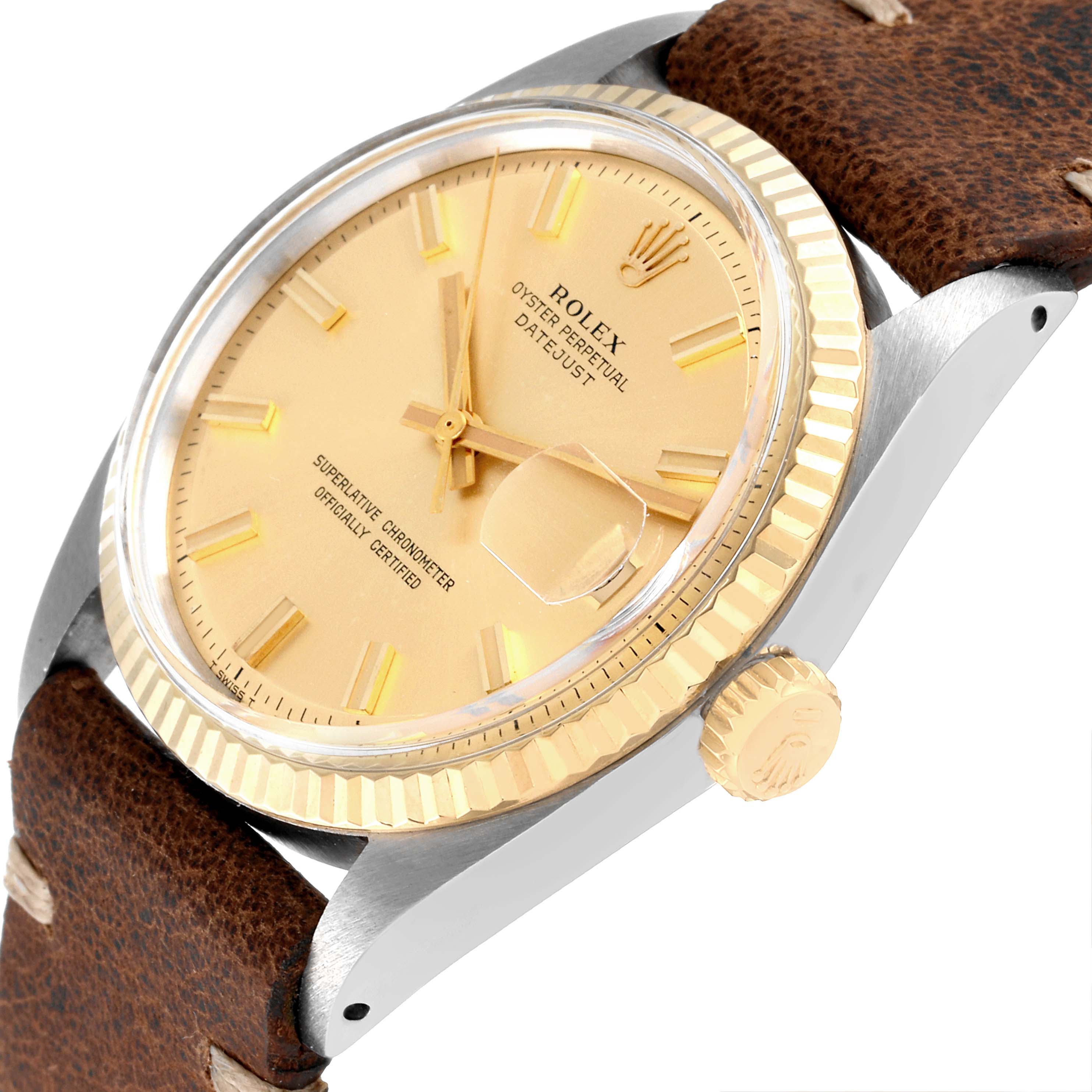 The image shows a close-up, angled view of the face and side of a Rolex Datejust 1601 Men's Steel and Gold (two tone) Champagne Dial 1601 Men's Steel and Gold (two tone) Champagne Dial watch, highlighting the crown, bezel, and leather strap.