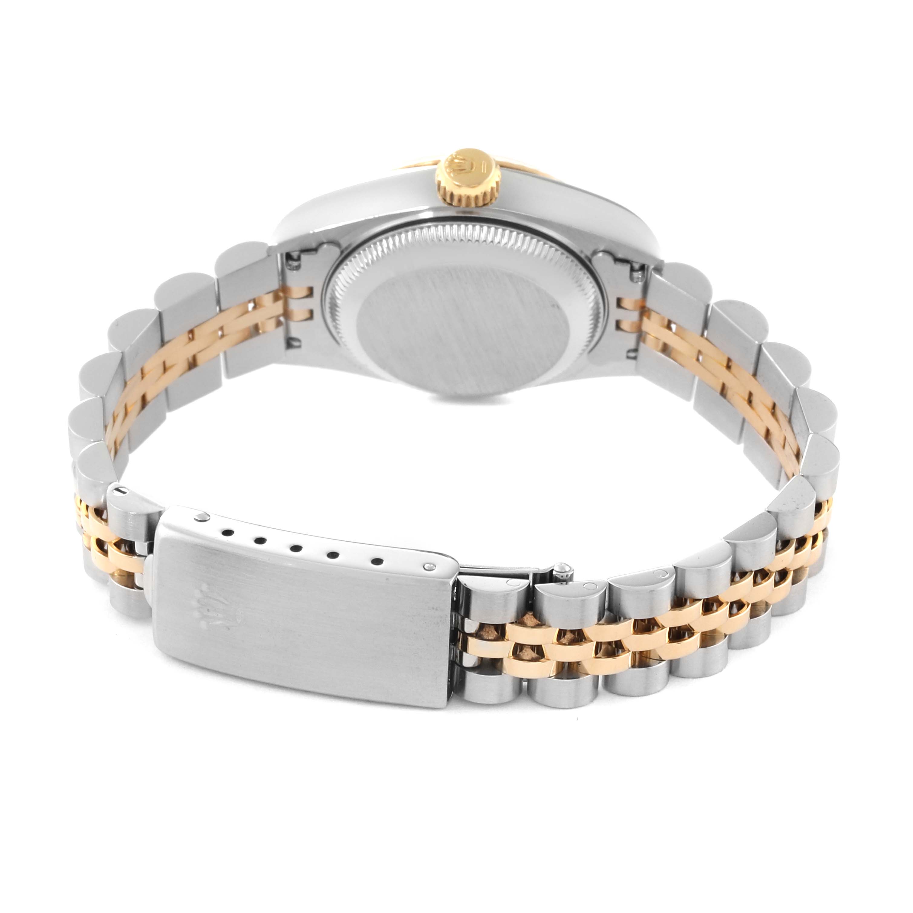 The image shows the back view of a Rolex Datejust 69173 Women's Steel and Gold (two tone) Champagne Dial 69173 Women's Steel and Gold (two tone) Champagne Dial watch, highlighting the case back and two-tone bracelet with the clasp.
