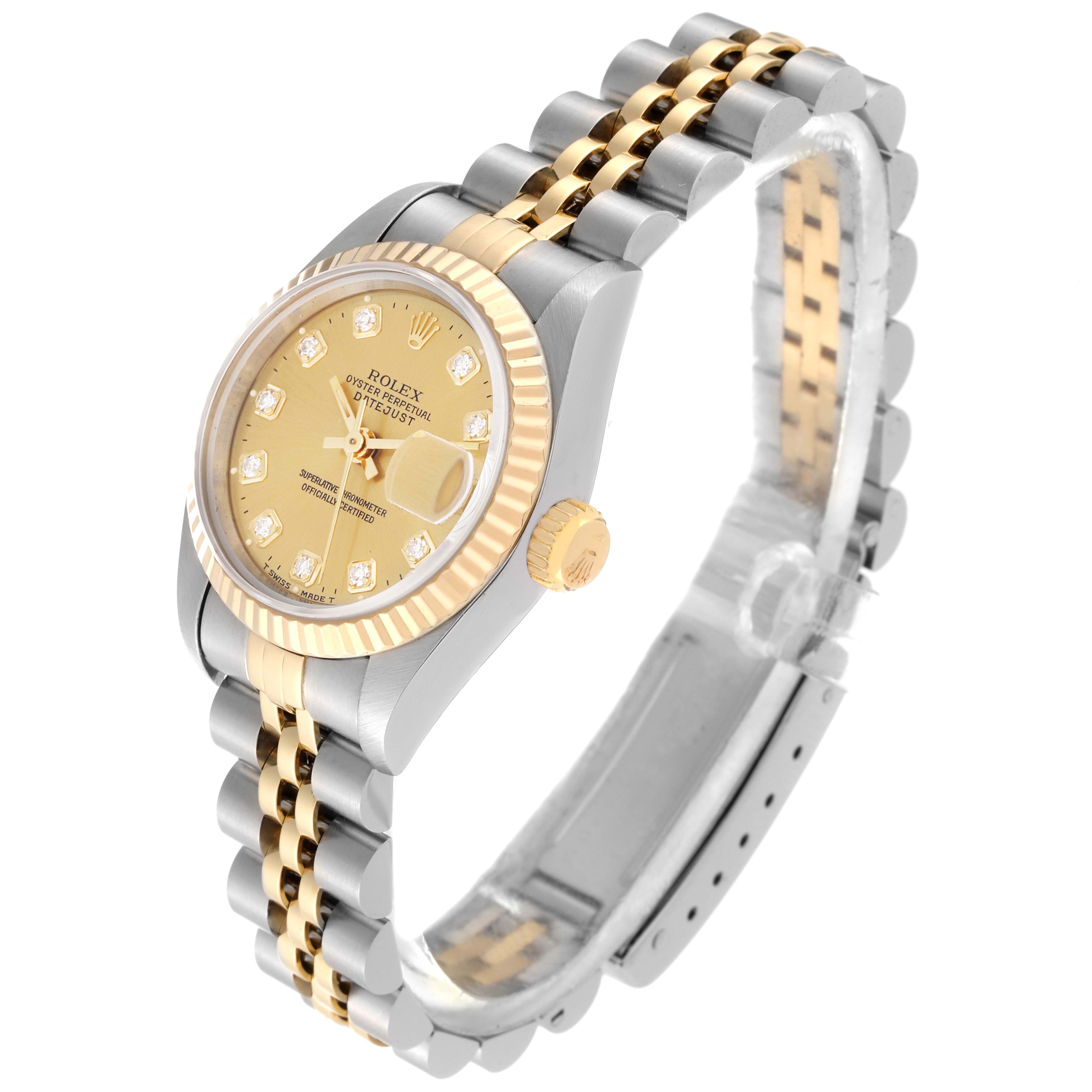The Rolex Datejust 69173 Women's Steel and Gold (two tone) Champagne Dial 69173 Women's Steel and Gold (two tone) Champagne Dial watch is shown at a slight angle, displaying the face, bezel, crown, and part of the bracelet.