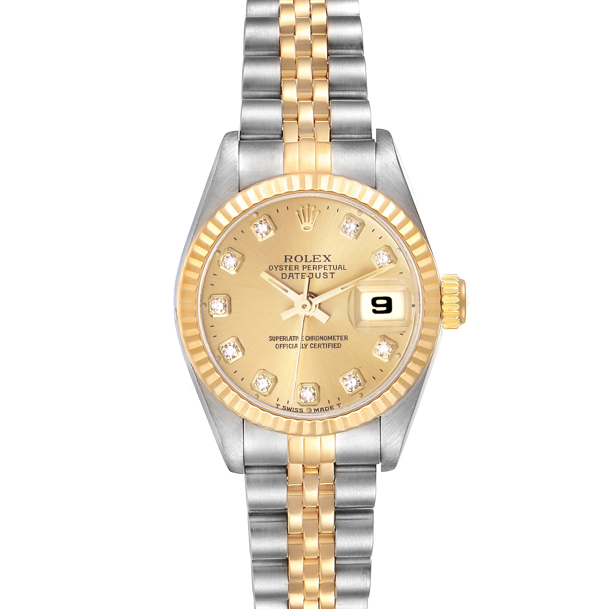This is a front view of the Rolex Datejust 69173 Women's Steel and Gold (two tone) Champagne Dial 69173 Women's Steel and Gold (two tone) Champagne Dial watch, showing the dial, bezel, crown, and two-tone bracelet.