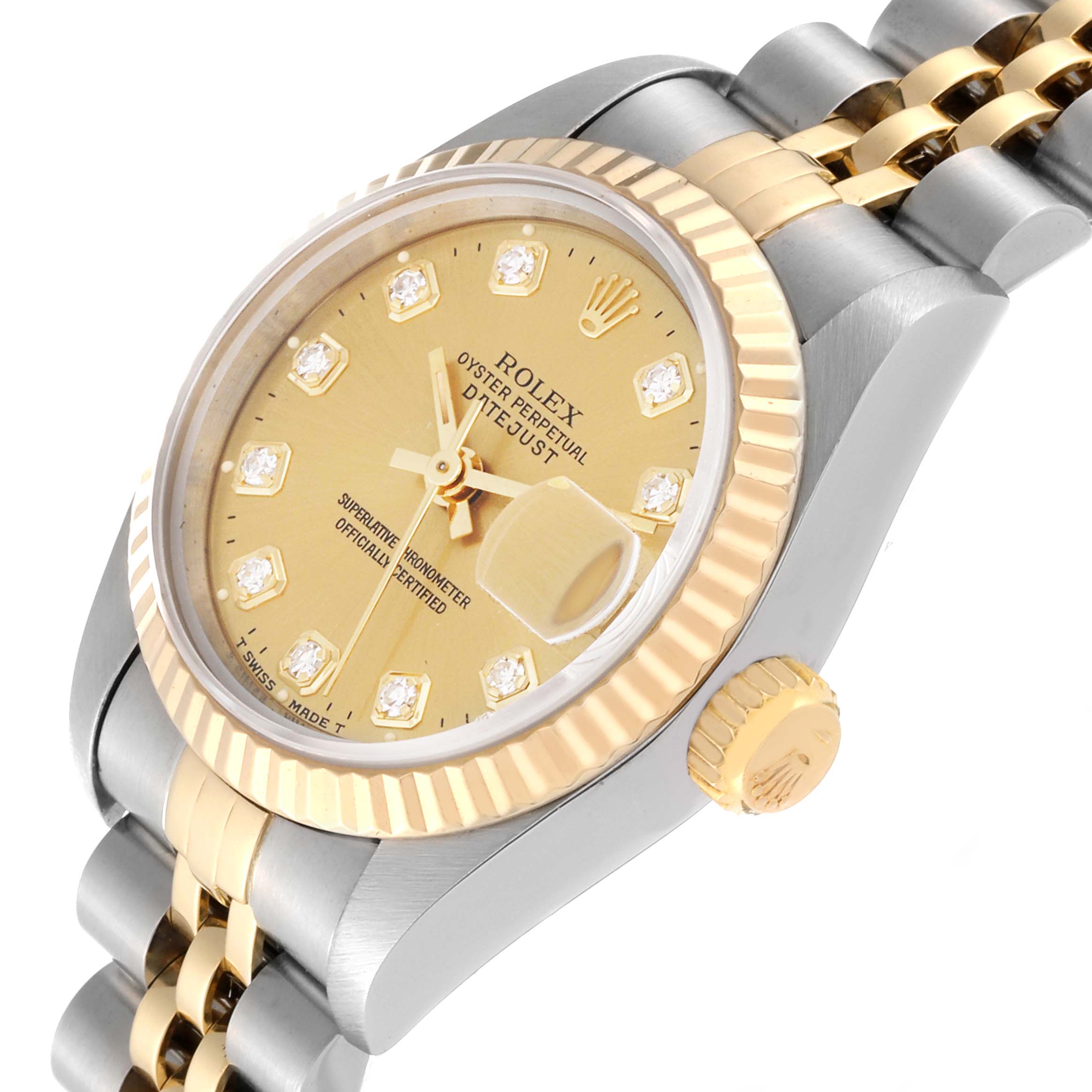 The Rolex Datejust 69173 Women's Steel and Gold (two tone) Champagne Dial 69173 Women's Steel and Gold (two tone) Champagne Dial watch is shown at an angled view highlighting the dial, bezel, crown, and part of the bracelet.