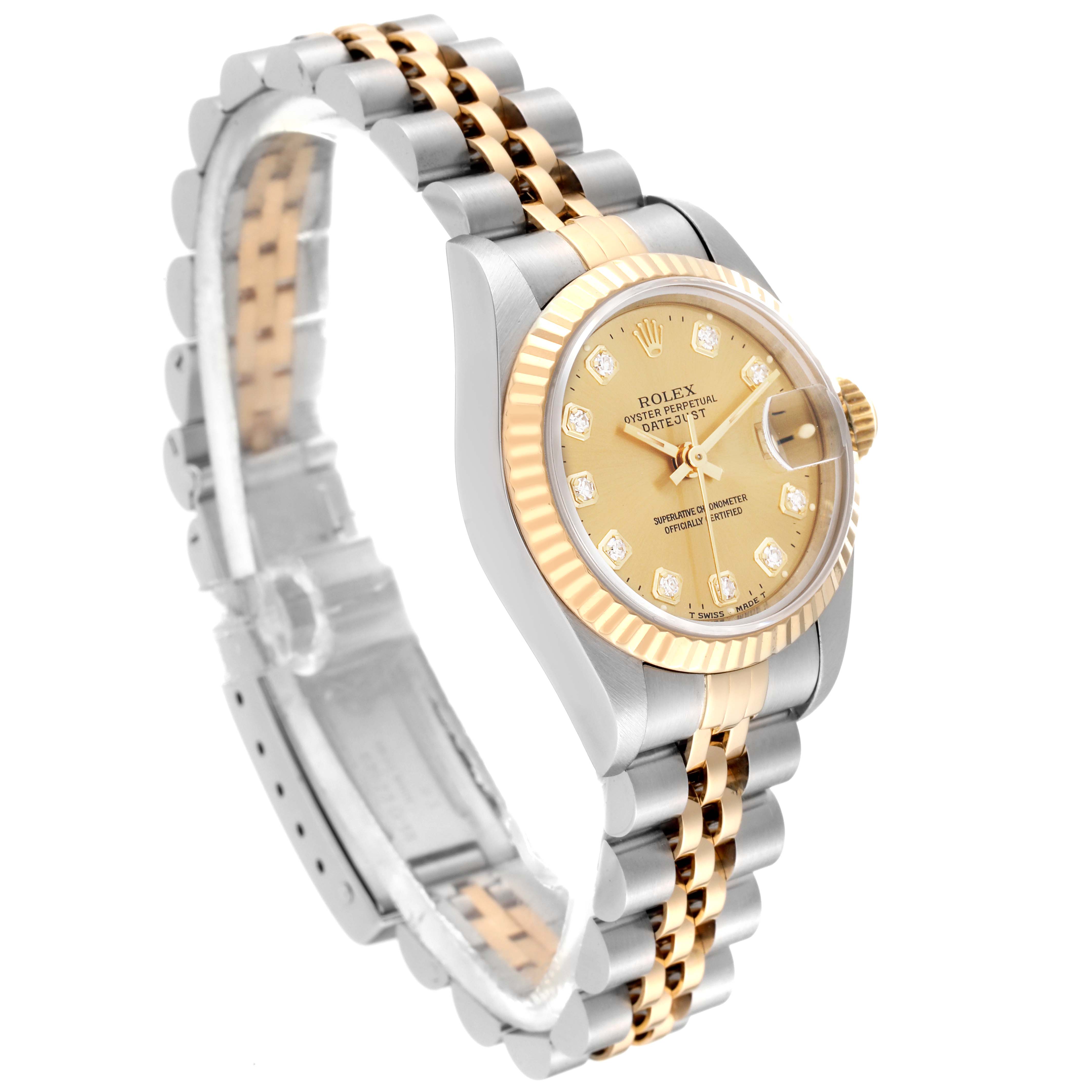 The image shows a side-angle view of a Rolex Datejust 69173 Women's Steel and Gold (two tone) Champagne Dial 69173 Women's Steel and Gold (two tone) Champagne Dial, highlighting its two-tone bracelet and gold dial with diamond hour markers.