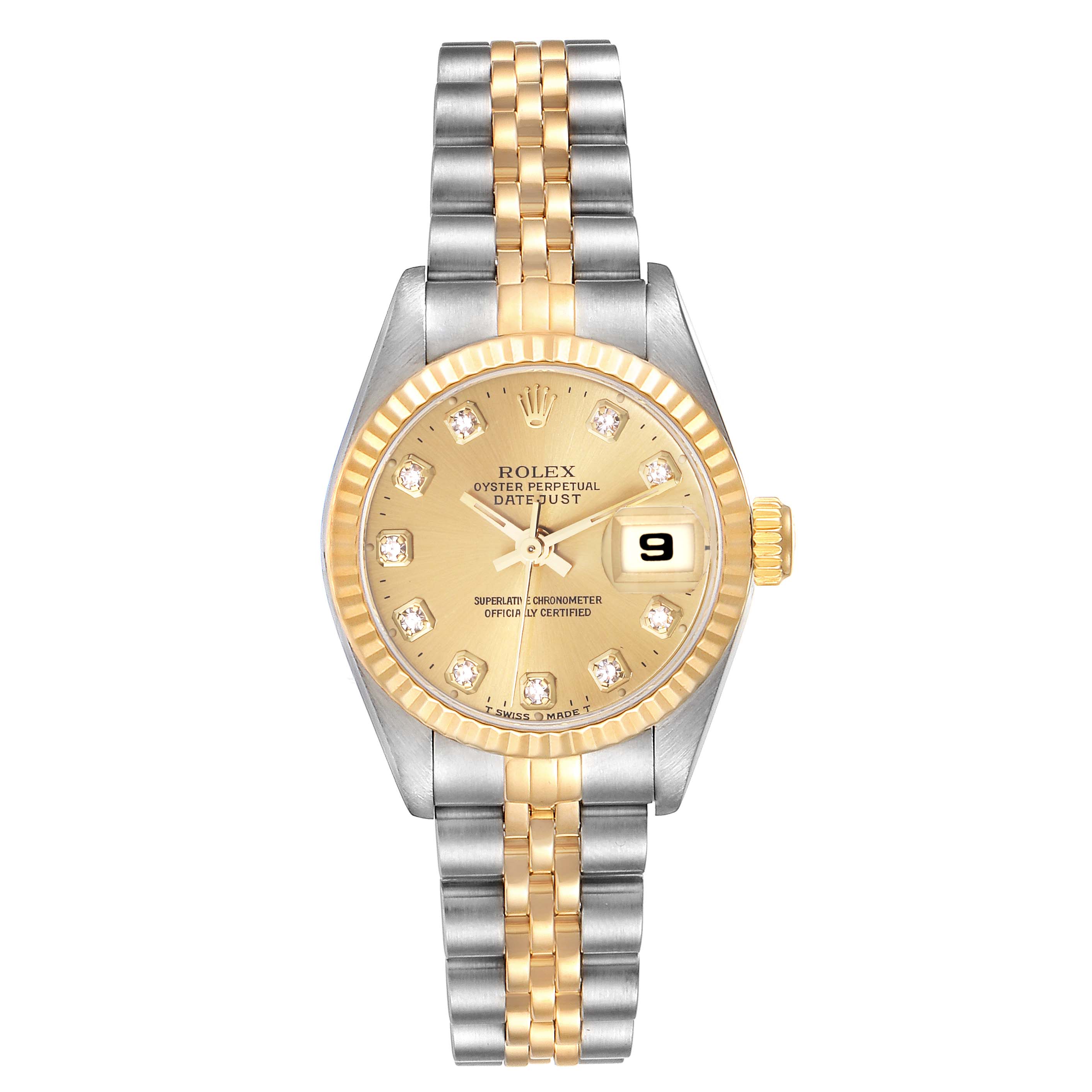 The image shows a front view of a Rolex Datejust 69173 Women's Steel and Gold (two tone) Champagne Dial 69173 Women's Steel and Gold (two tone) Champagne Dial watch, highlighting its bracelet, bezel, dial, and date window.