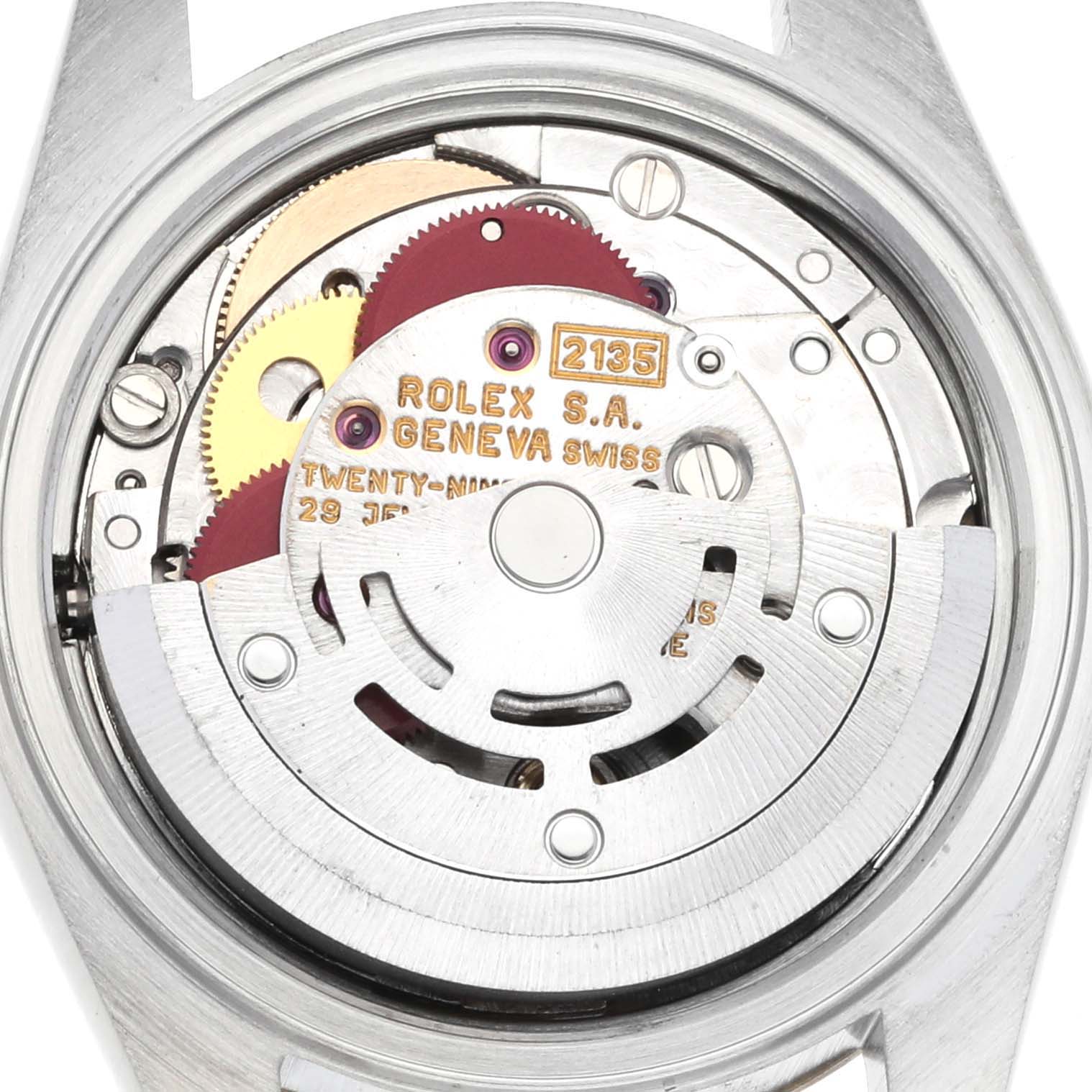 The image shows the internal mechanism and movement of a Rolex Datejust 69173 Women's Steel and Gold (two tone) Champagne Dial 69173 Women's Steel and Gold (two tone) Champagne Dial watch viewed from the back.