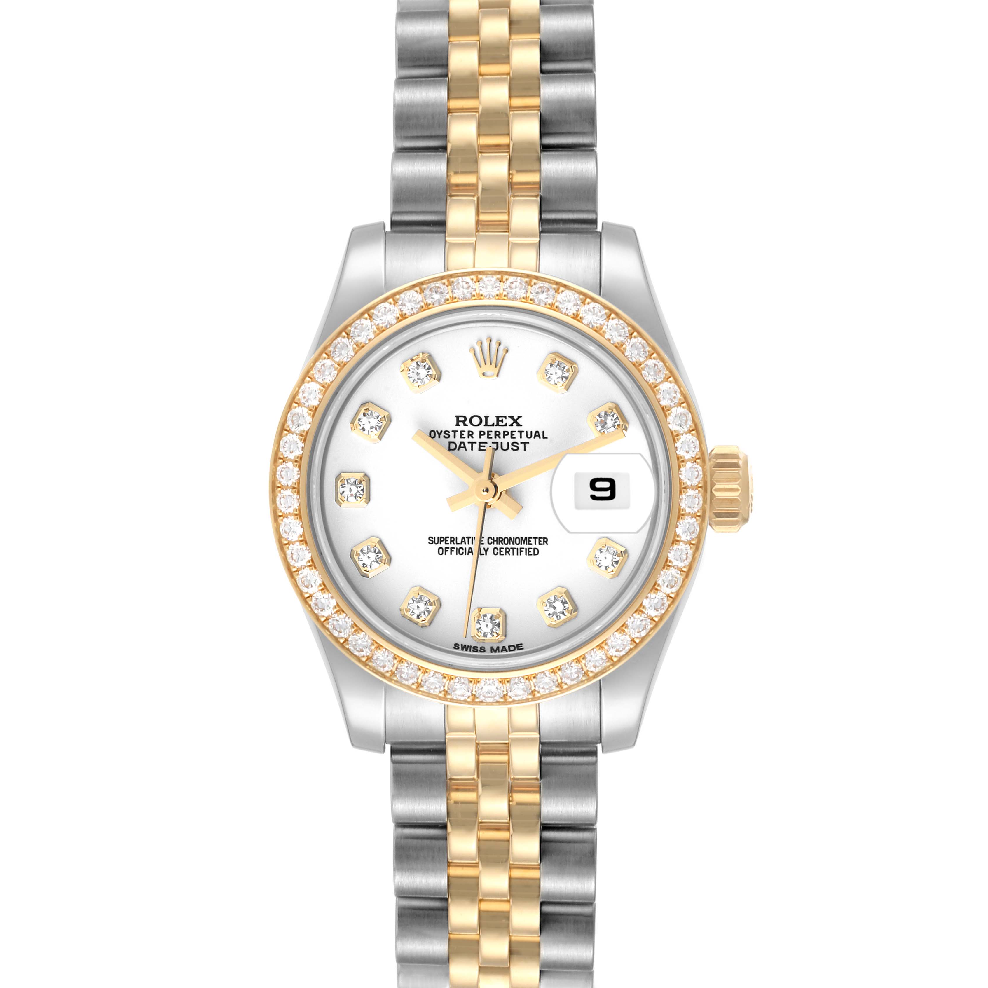 The image shows a Rolex Datejust 179383 Women's Steel and Gold (two tone) White Dial 179383 Women's Steel and Gold (two tone) White Dial watch from a front angle, highlighting the dial, diamond bezel, and two-tone bracelet.