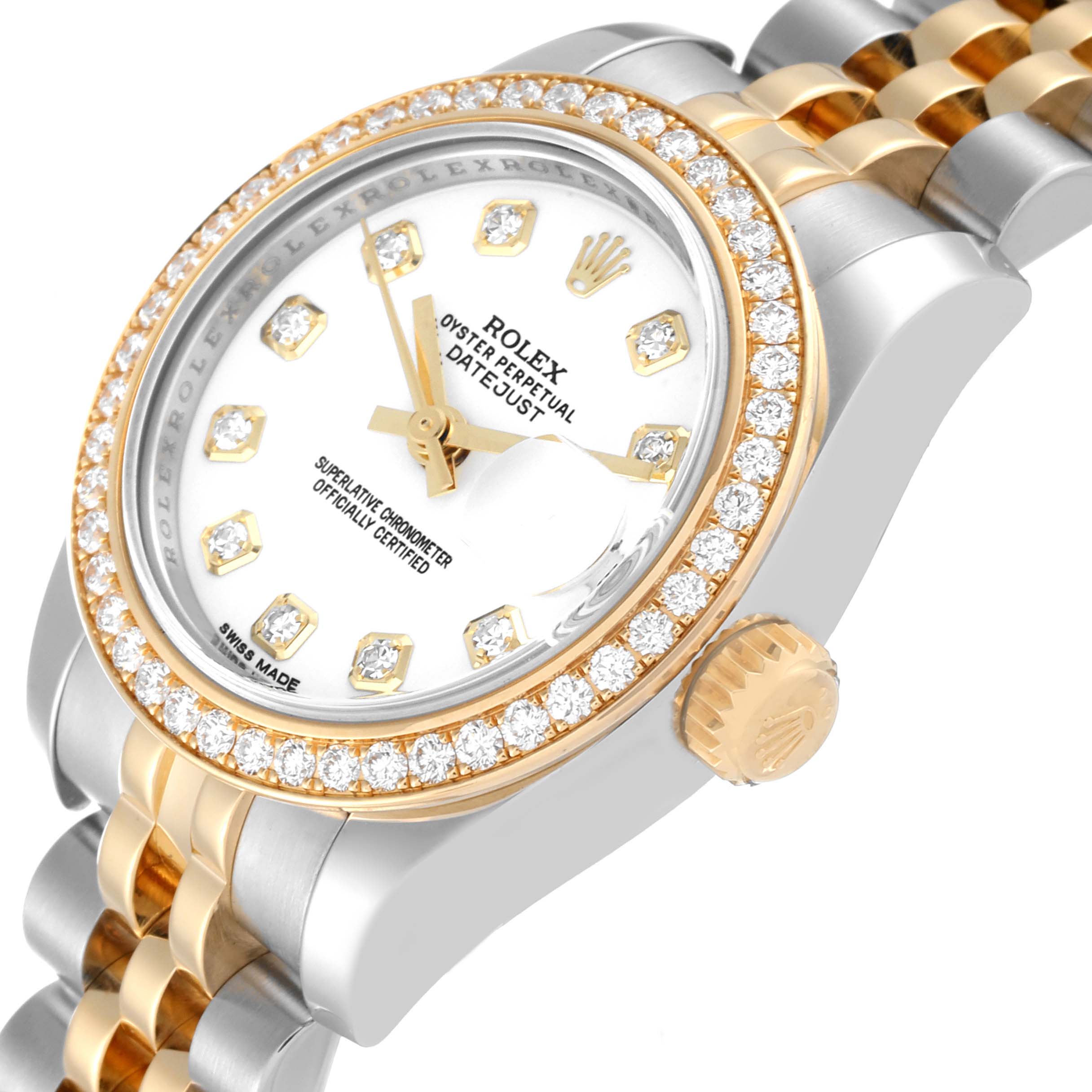 This image shows the dial, bezel, crown, and bracelet of a Rolex Datejust 179383 Women's Steel and Gold (two tone) White Dial 179383 Women's Steel and Gold (two tone) White Dial watch at an angled view.