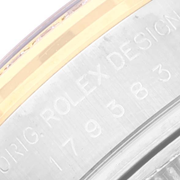 The image shows a close-up of the engraved model number on the casing of a Rolex Datejust 179383 Women's Steel and Gold (two tone) White Dial 179383 Women's Steel and Gold (two tone) White Dial watch.
