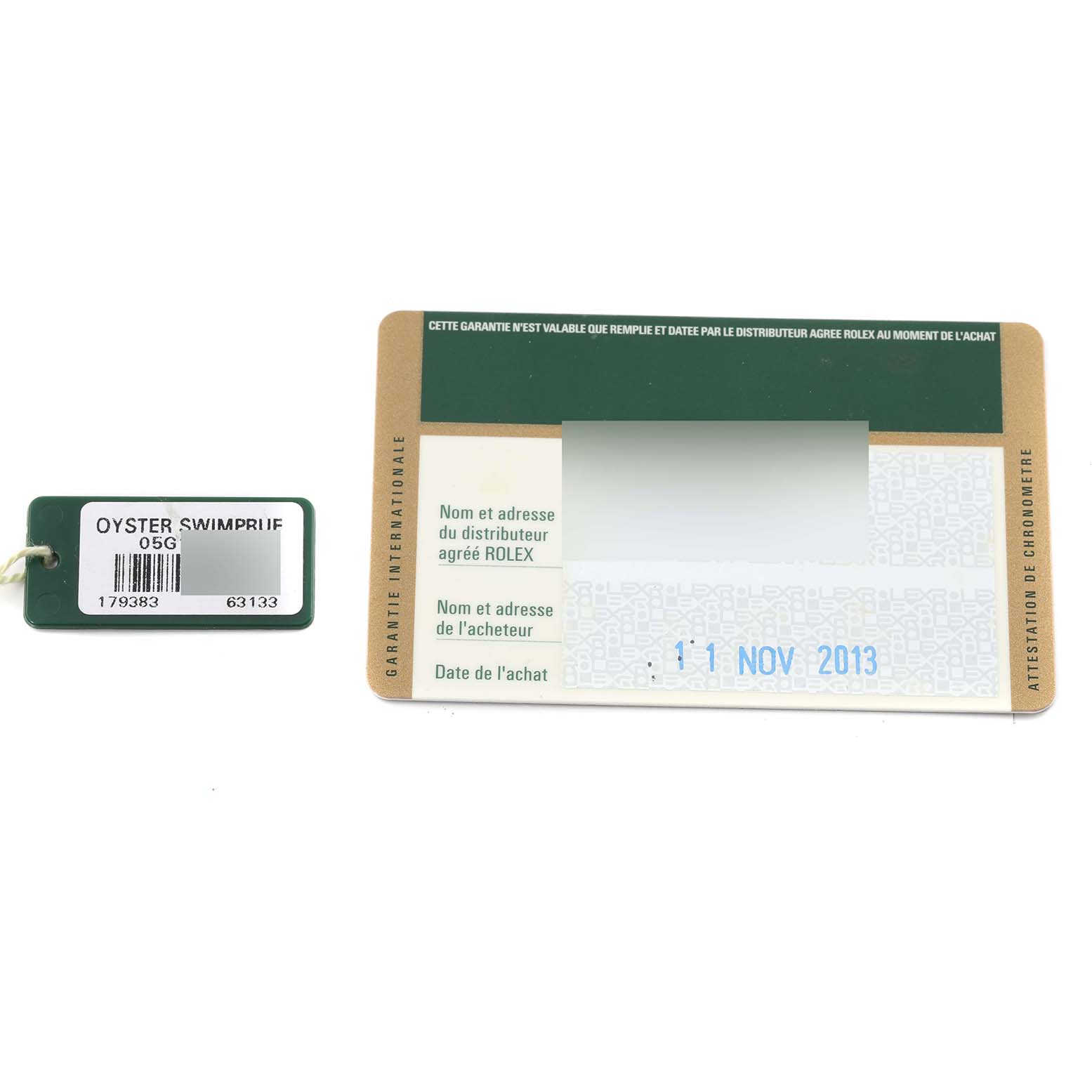 The image shows a Rolex Datejust 179383 Women's Steel and Gold (two tone) White Dial 179383 Women's Steel and Gold (two tone) White Dial model tag and warranty card with a purchase date of 11 Nov 2013.