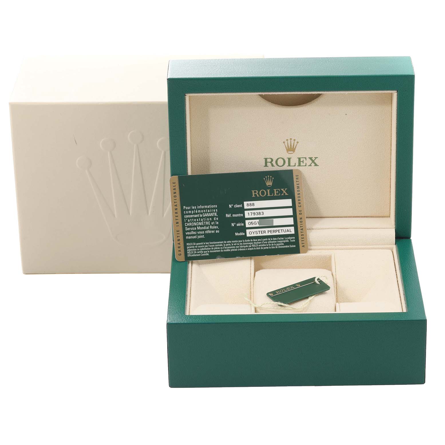 The image shows a Rolex Datejust 179383 Women's Steel and Gold (two tone) White Dial 179383 Women's Steel and Gold (two tone) White Dial watch box, warranty card, and accessories from a front angle.