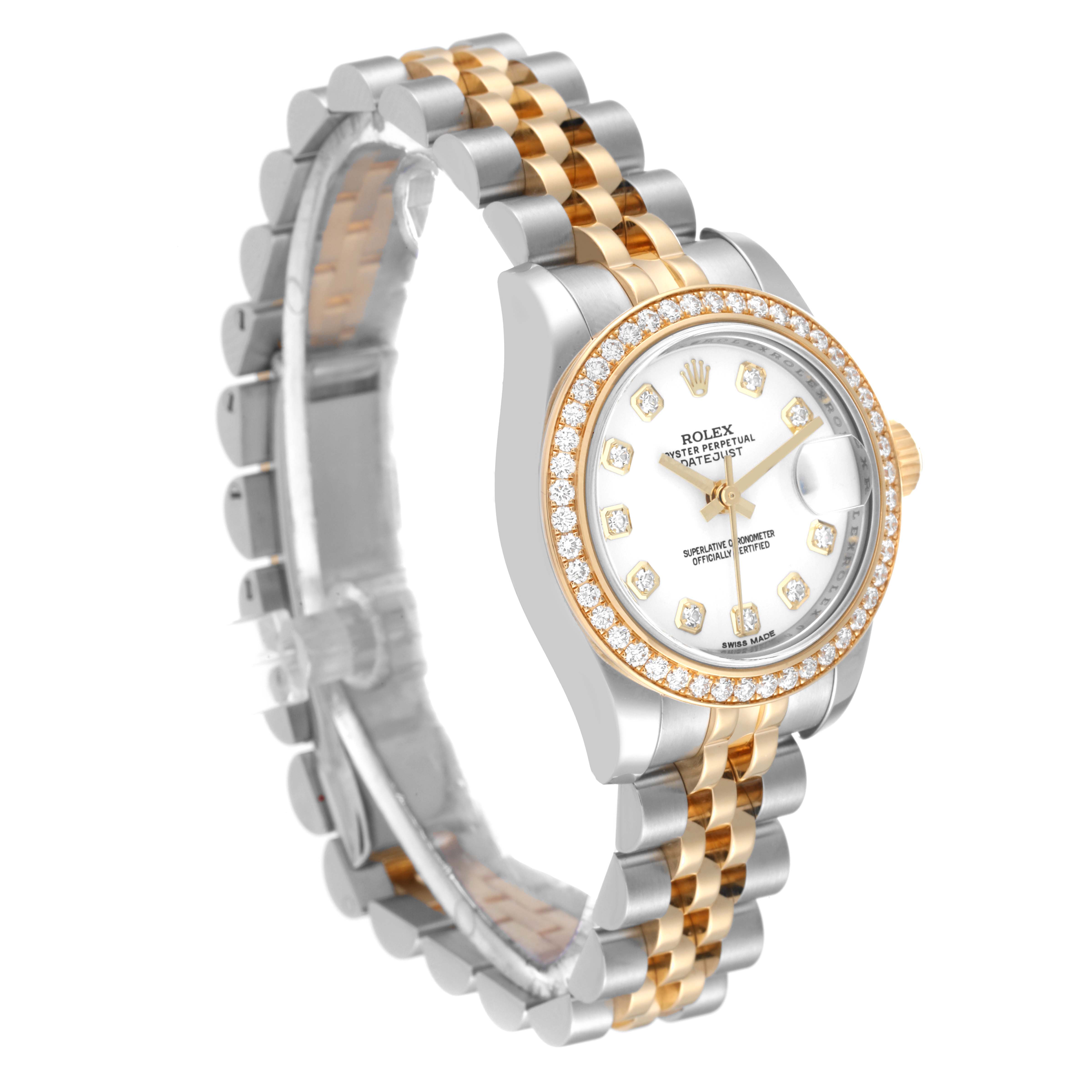 The Rolex Datejust 179383 Women's Steel and Gold (two tone) White Dial 179383 Women's Steel and Gold (two tone) White Dial watch is shown at an angled side view, displaying the face, bezel, and two-tone bracelet.