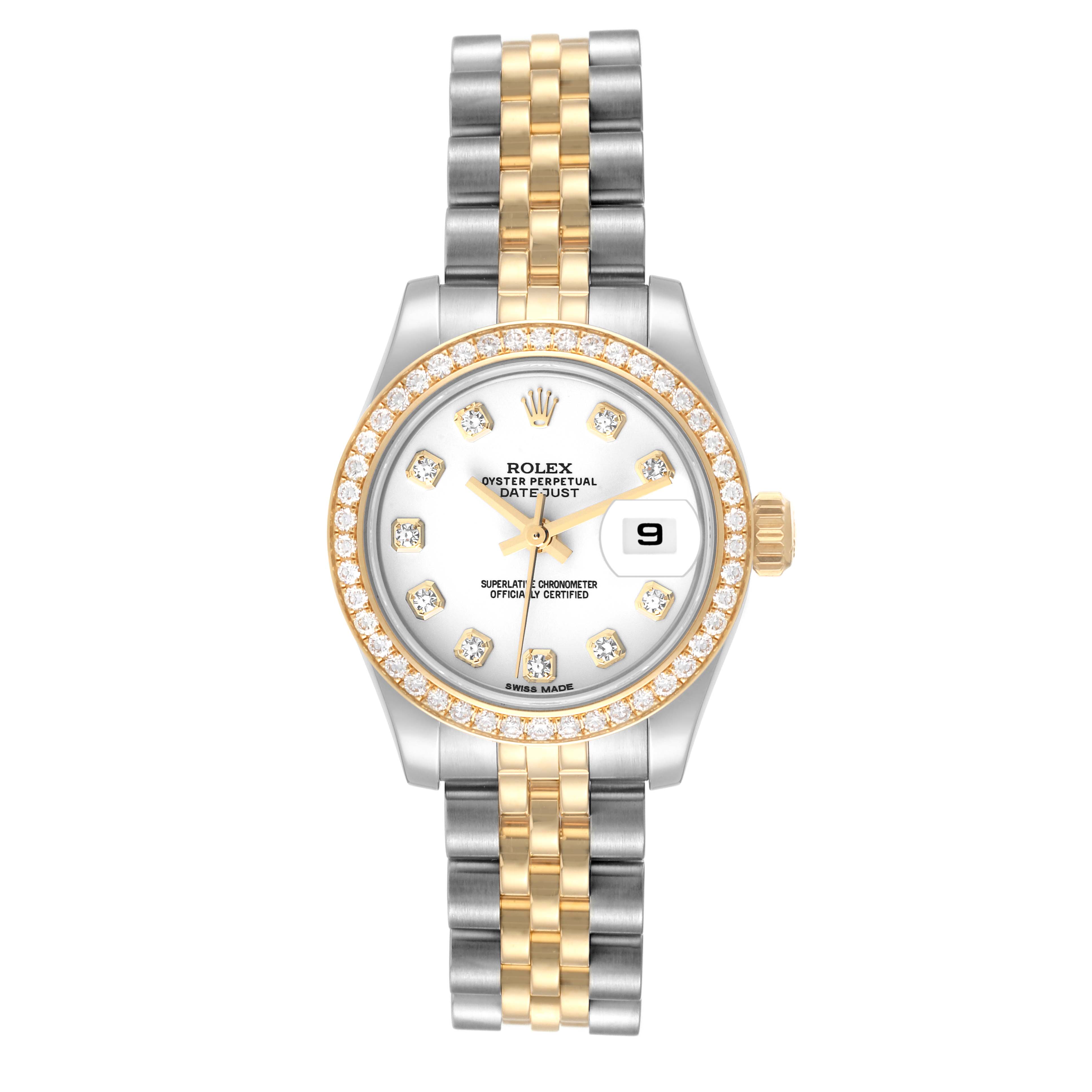 This image shows a front view of a Rolex Datejust 179383 Women's Steel and Gold (two tone) White Dial 179383 Women's Steel and Gold (two tone) White Dial watch, highlighting its face, bezel, and two-tone bracelet.