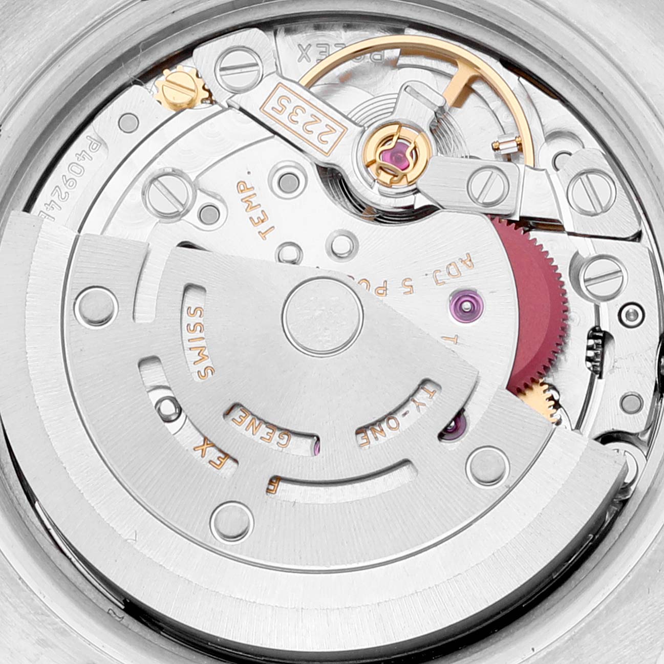 This image shows a close-up view of the inner movement components of a Rolex Datejust 179383 Women's Steel and Gold (two tone) White Dial 179383 Women's Steel and Gold (two tone) White Dial watch.