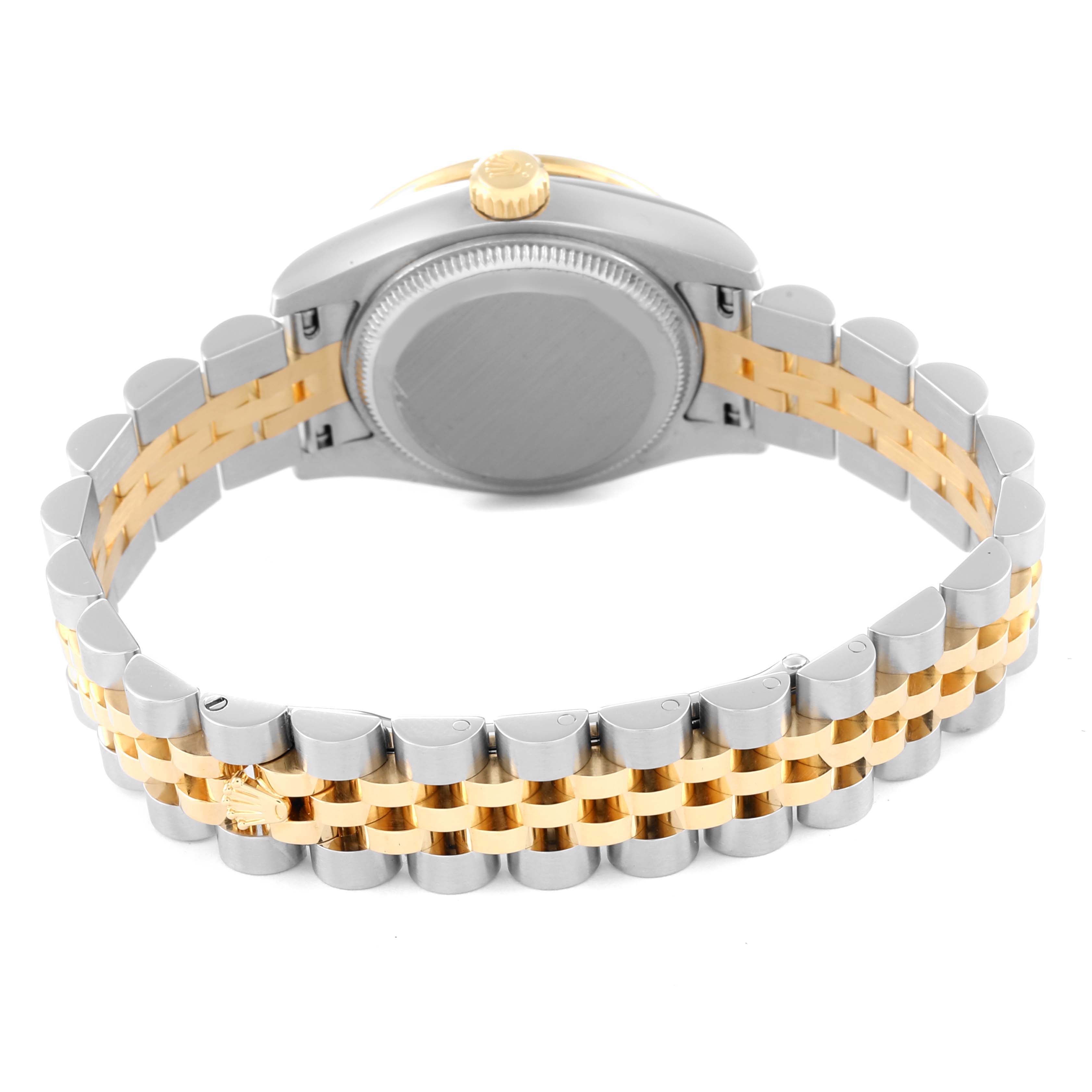 The image shows the back view of a Rolex Datejust 179383 Women's Steel and Gold (two tone) White Dial 179383 Women's Steel and Gold (two tone) White Dial watch, highlighting its stainless steel and gold bracelet and case back.