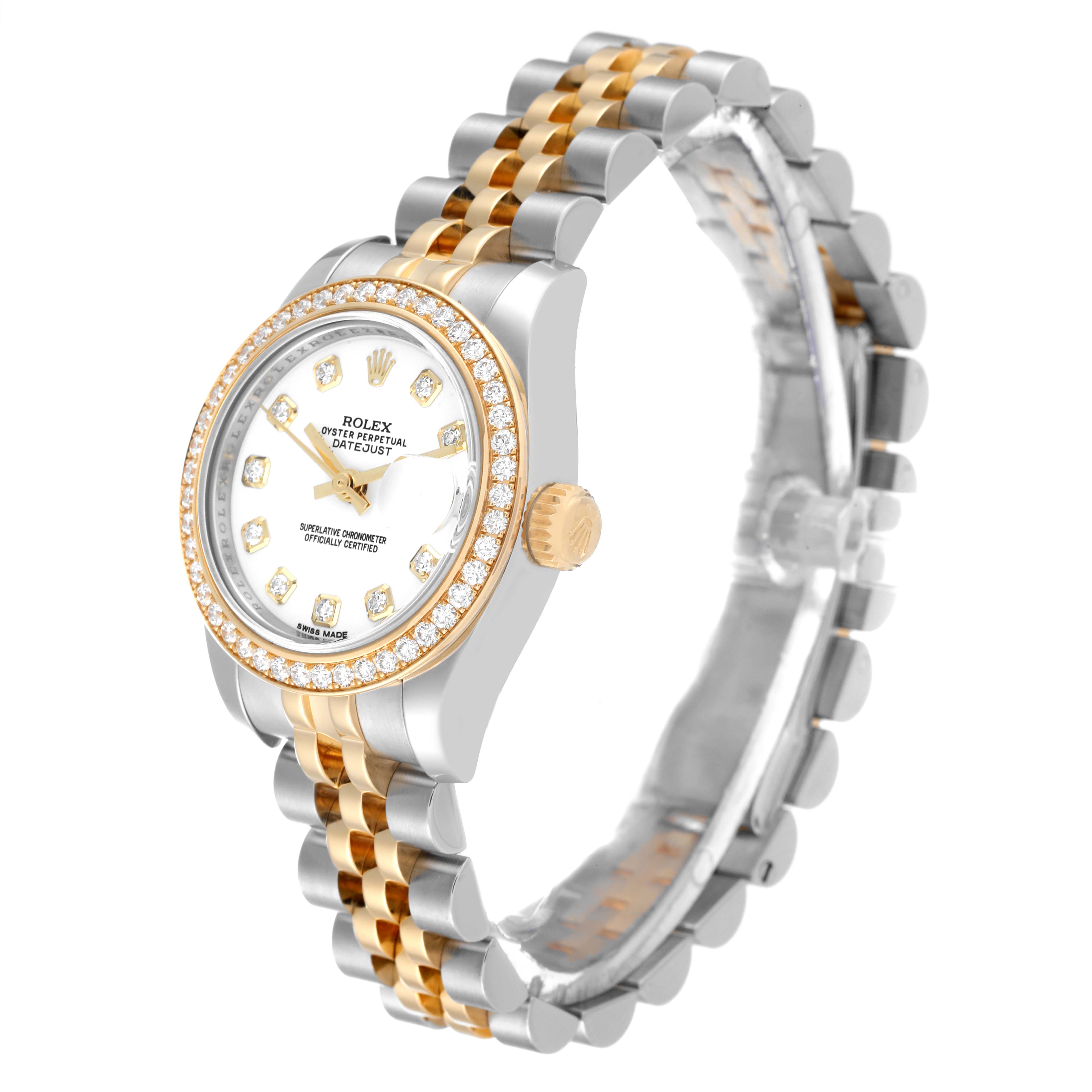 The image shows a side angle of a Rolex Datejust 179383 Women's Steel and Gold (two tone) White Dial 179383 Women's Steel and Gold (two tone) White Dial watch, highlighting its bezel, dial, crown, and two-tone bracelet.