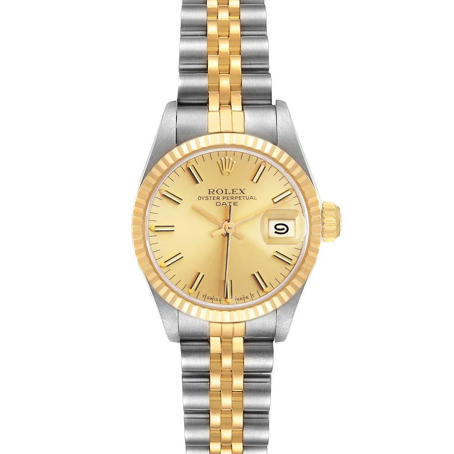 The Rolex Datejust watch is shown from a front angle, displaying the face, bezel, and a portion of the jubilee bracelet.