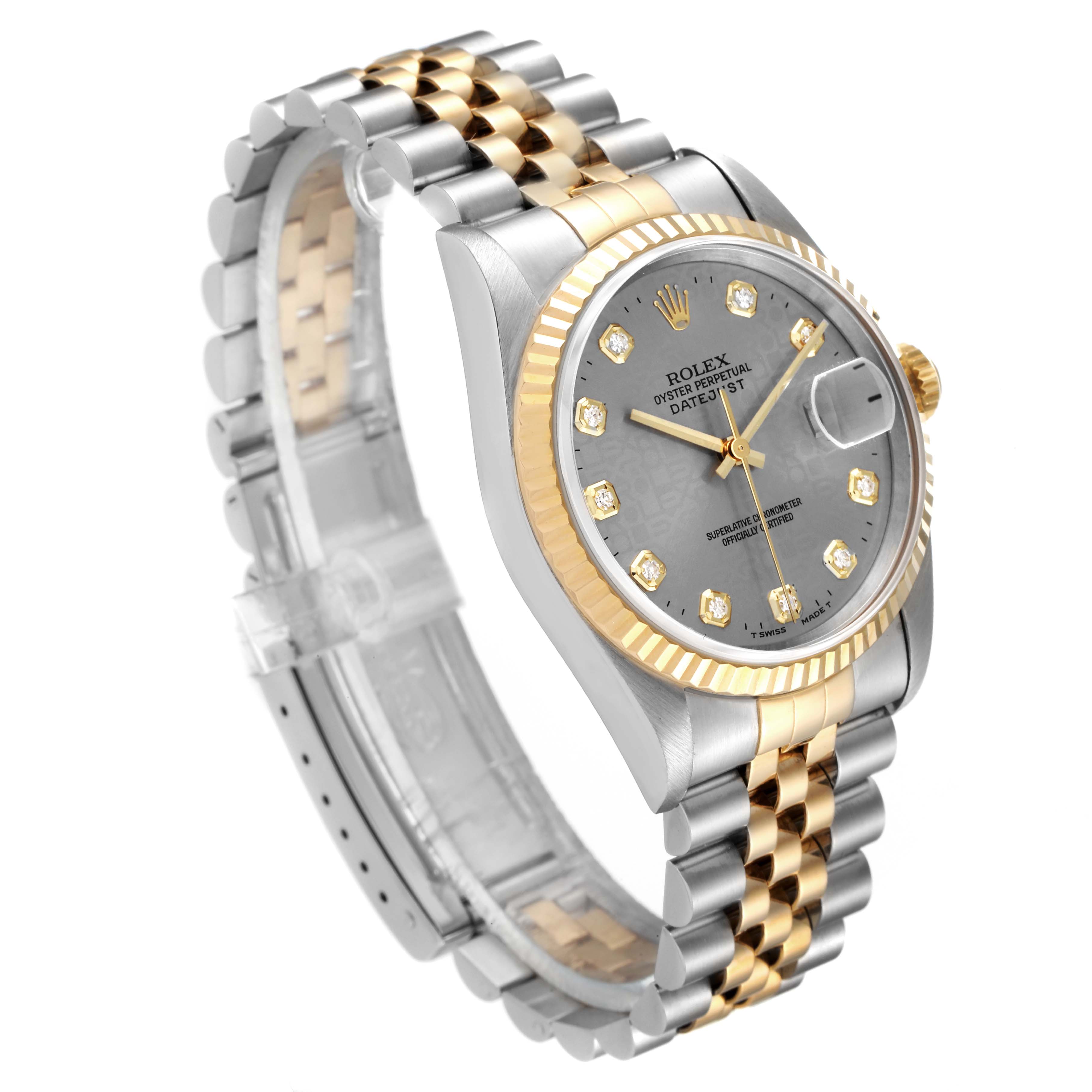 The image shows a Rolex Datejust 16233 Men
s Steel and Gold (two tone) Grey Dial 16233 Men
s Steel and Gold (two tone) Grey Dial watch at a three-quarter angle, highlighting its two-tone bracelet, fluted bezel, and diamond indices.