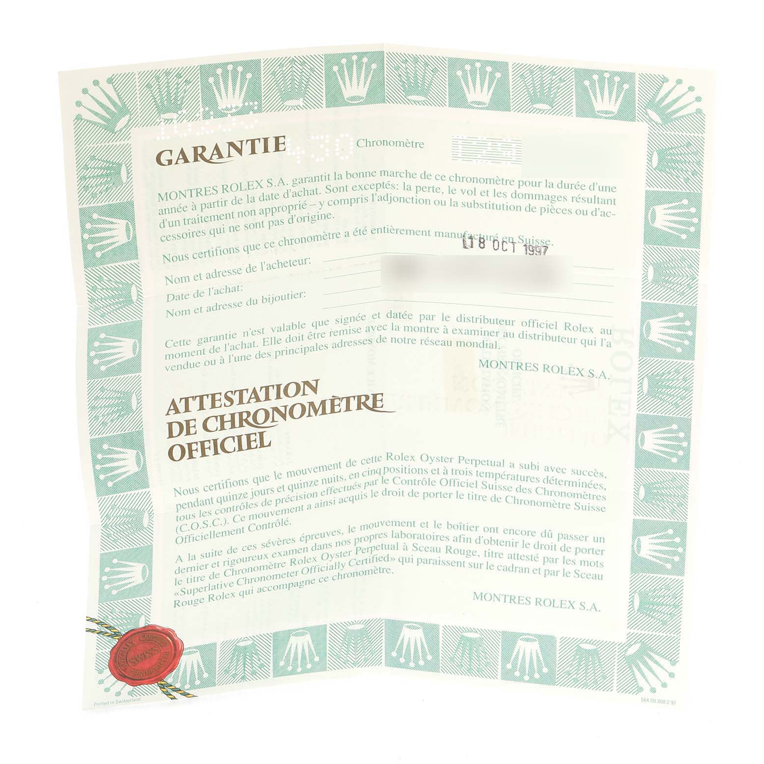 This image shows the official warranty and chronometer certification paper for a Rolex Datejust 16233 Men
s Steel and Gold (two tone) Grey Dial 16233 Men
s Steel and Gold (two tone) Grey Dial watch.