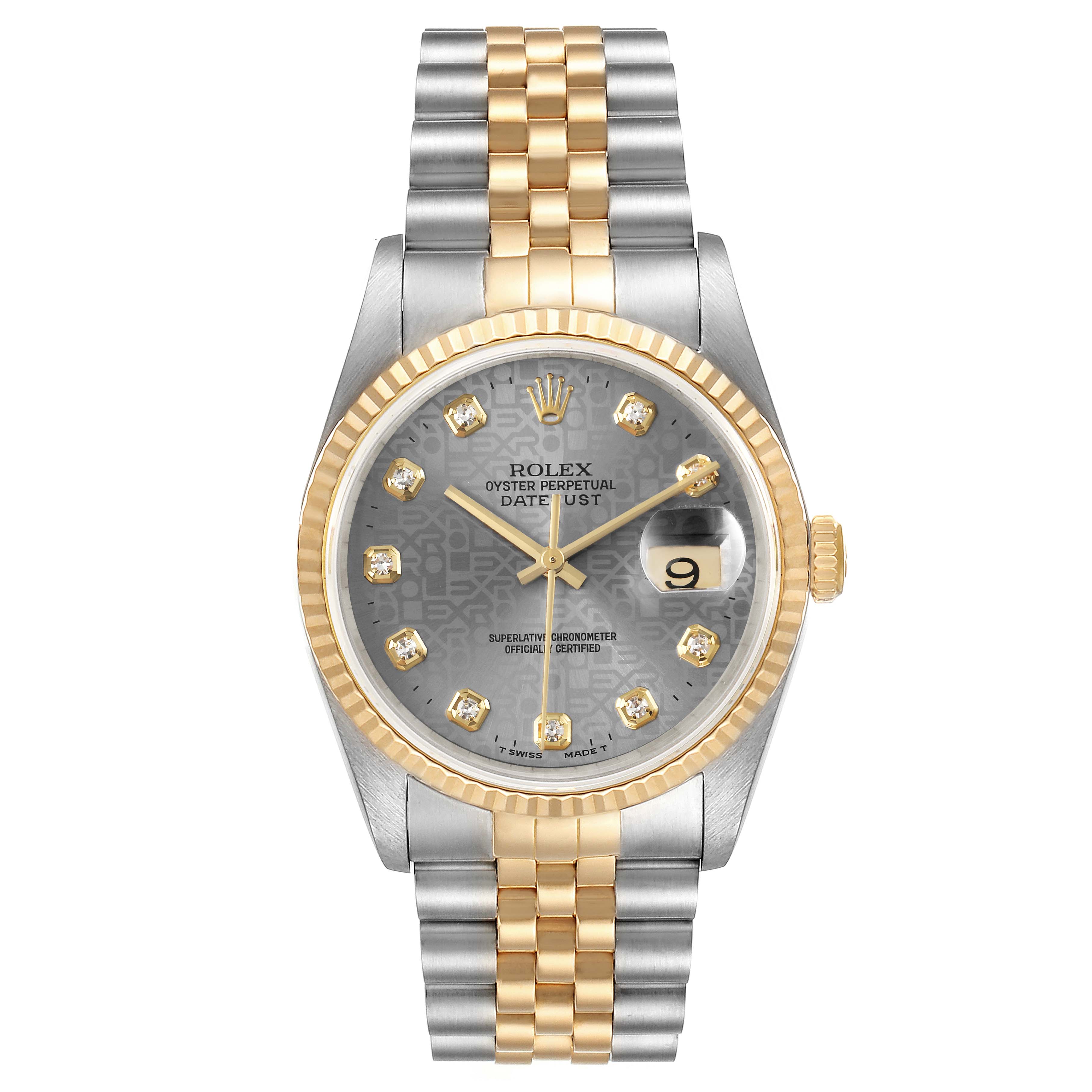 The Rolex Datejust 16233 Men
s Steel and Gold (two tone) Grey Dial 16233 Men
s Steel and Gold (two tone) Grey Dial watch is shown from the front, displaying its grey dial, gold bezel, and two-tone bracelet.