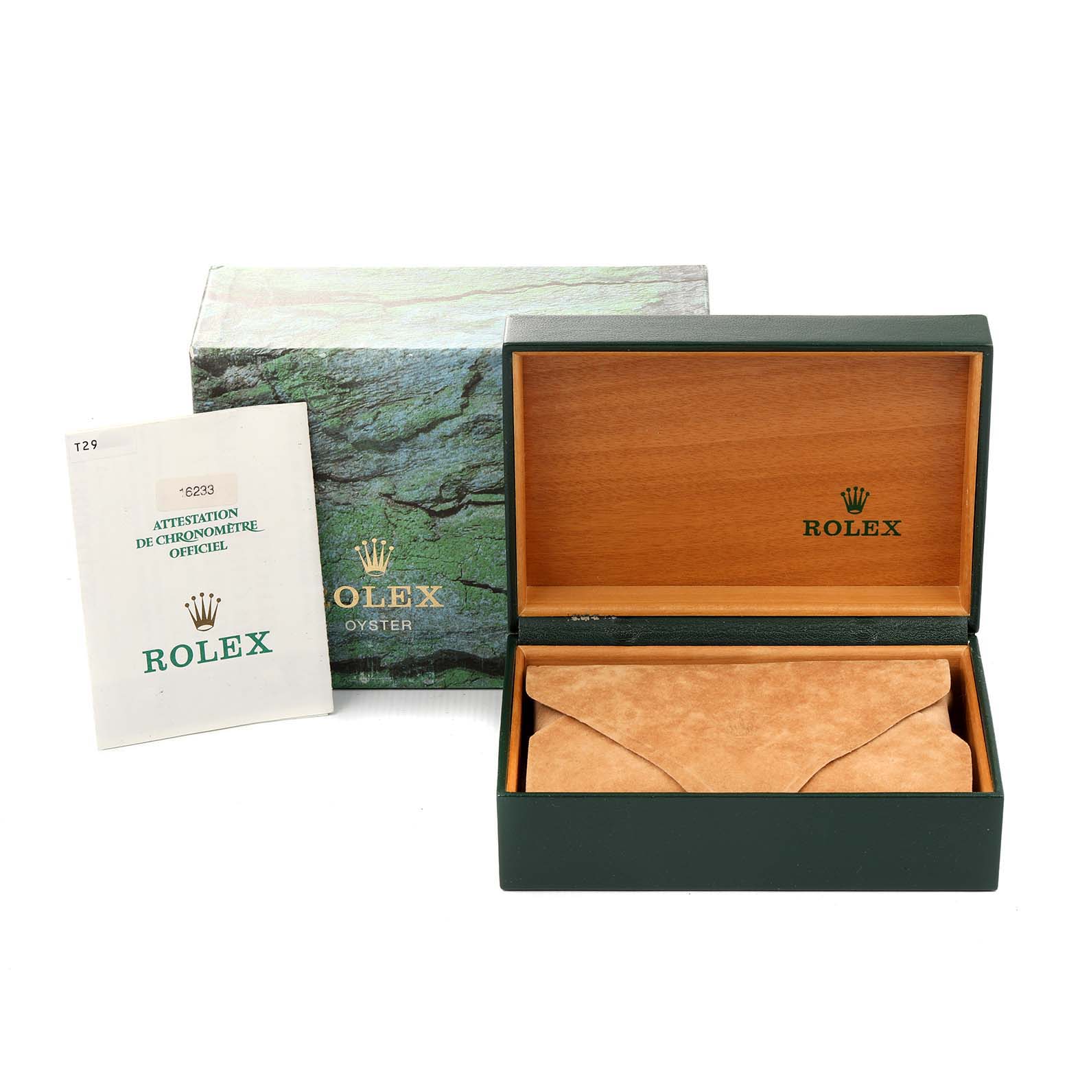 The image shows a Rolex Datejust 16233 Men
s Steel and Gold (two tone) Grey Dial 16233 Men
s Steel and Gold (two tone) Grey Dial watch box with its outer green box, inner suede pouch, and official chronometer certification.