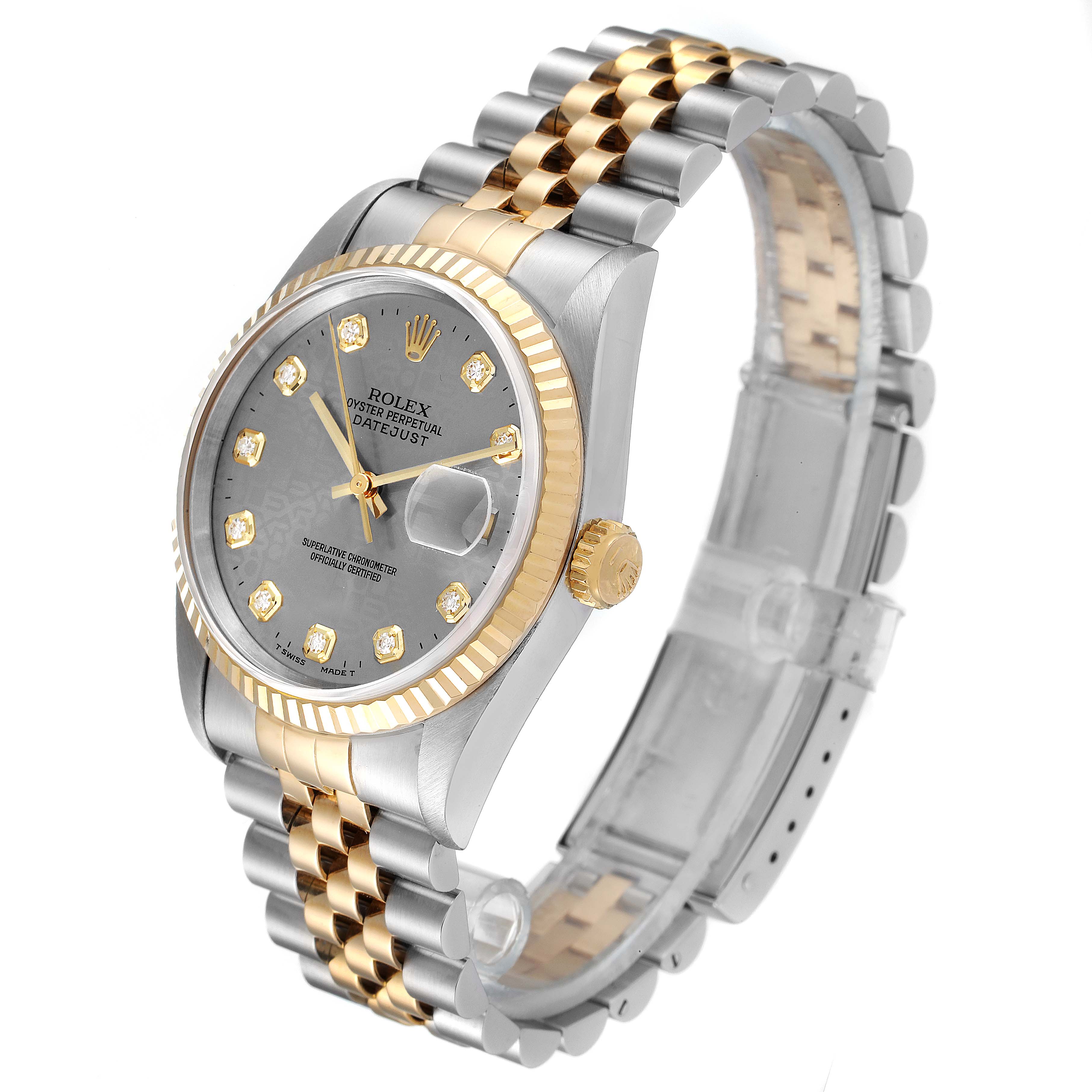 The image shows a Rolex Datejust 16233 Men
s Steel and Gold (two tone) Grey Dial 16233 Men
s Steel and Gold (two tone) Grey Dial watch at a slight angle, featuring its face, bezel, and two-tone Jubilee bracelet.