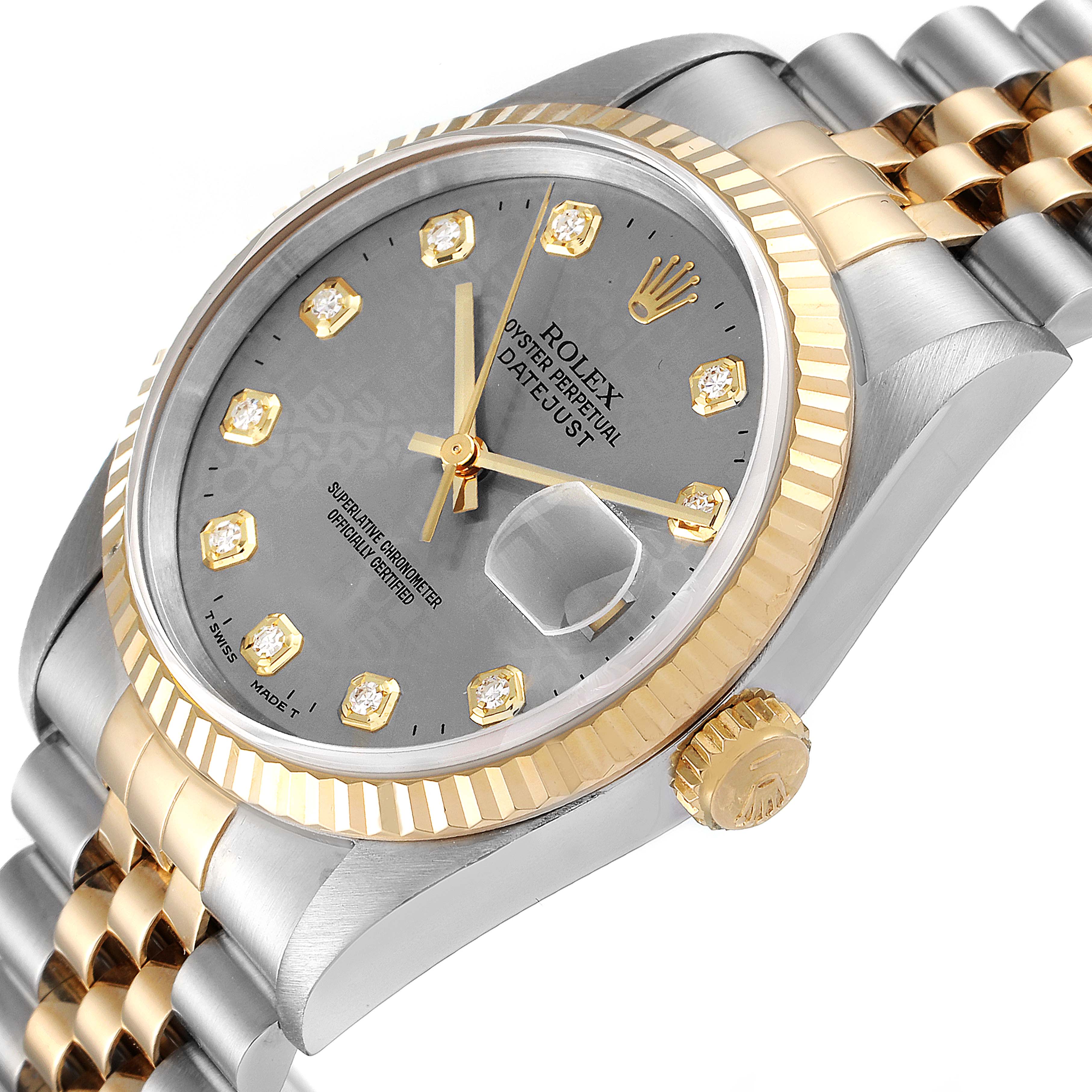 This image shows a close-up angled view of the Rolex Datejust 16233 Men
s Steel and Gold (two tone) Grey Dial 16233 Men
s Steel and Gold (two tone) Grey Dial watch, highlighting the dial, bezel, and part of the bracelet.