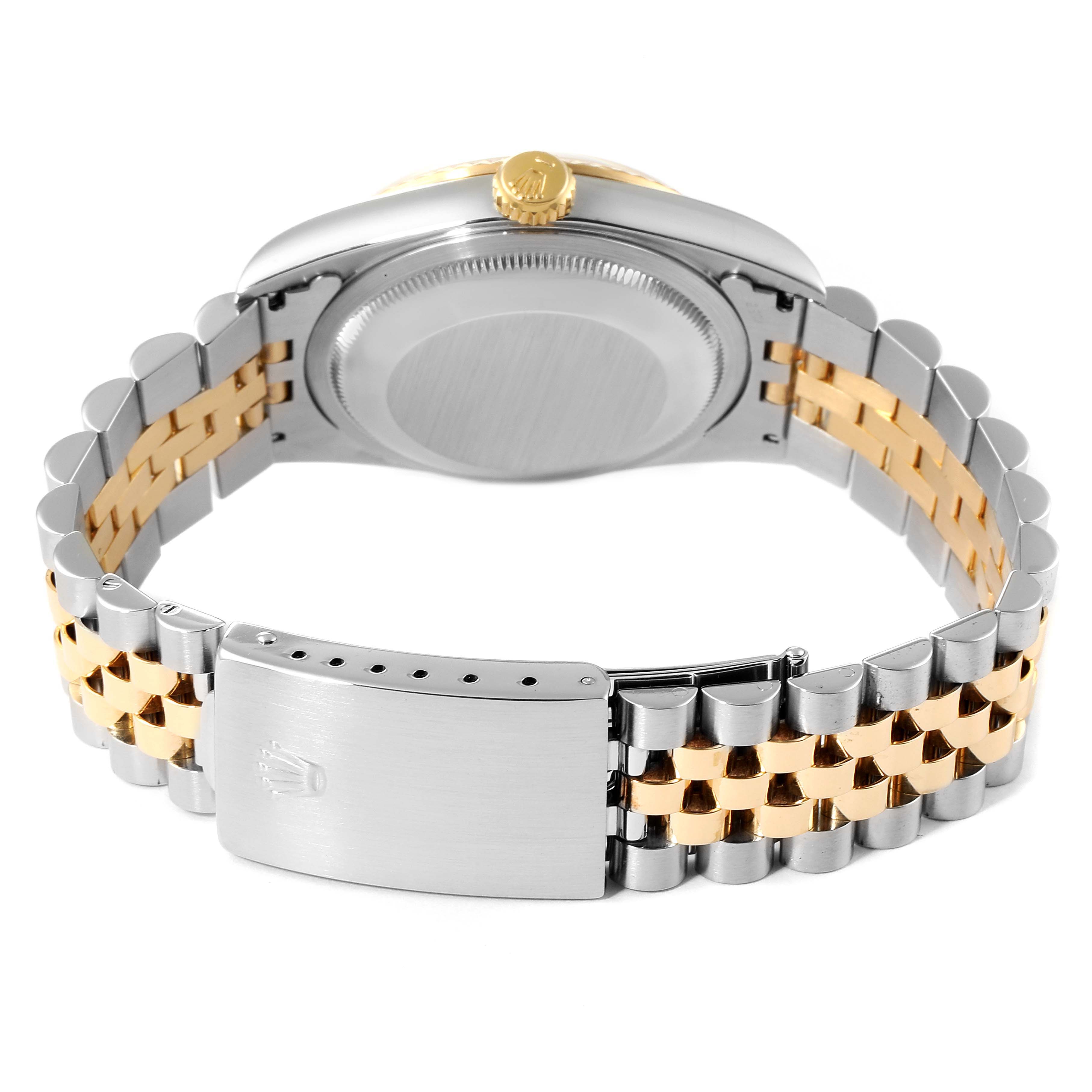 The image shows the back of a Rolex Datejust 16233 Men
s Steel and Gold (two tone) Grey Dial 16233 Men
s Steel and Gold (two tone) Grey Dial watch, highlighting the two-tone bracelet and clasp.
