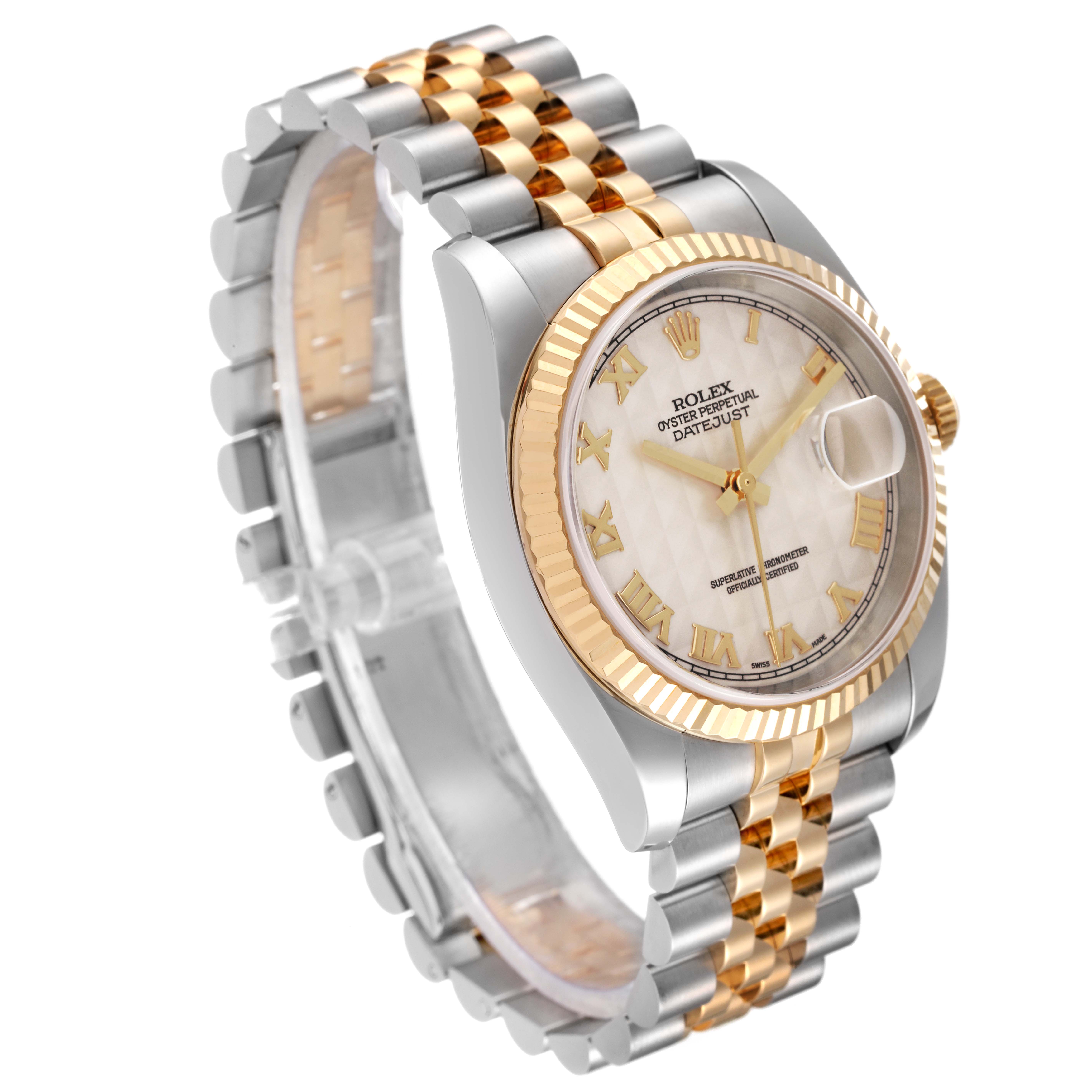 The image shows a Rolex Datejust 116233 Men's Steel and Gold (two tone) Beige Dial 116233 Men's Steel and Gold (two tone) Beige Dial watch in a 3/4 view, highlighting its two-tone bracelet, fluted bezel, and date window.