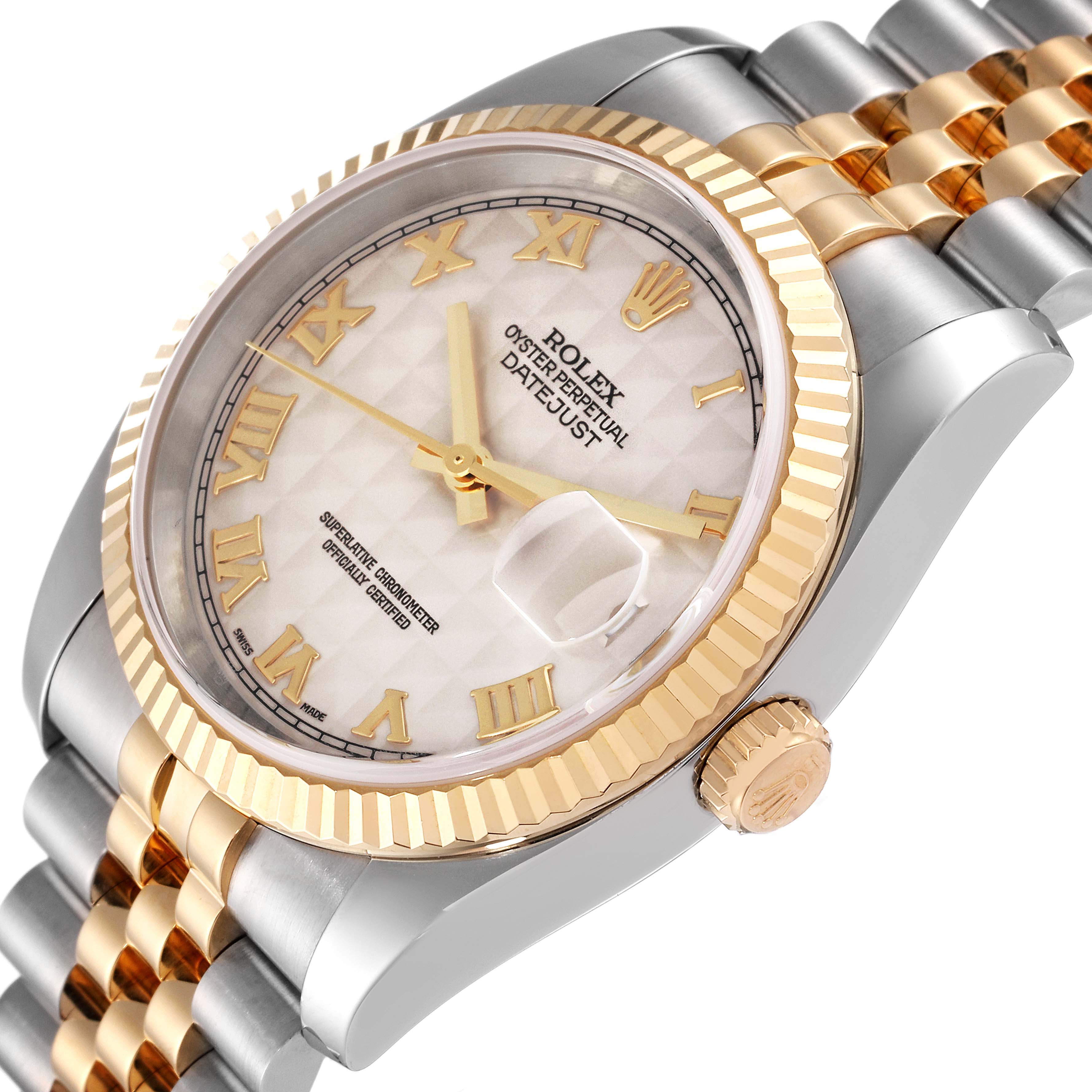 This image shows a close-up angle of the face, bezel, and bracelet of the Rolex Datejust 116233 Men's Steel and Gold (two tone) Beige Dial 116233 Men's Steel and Gold (two tone) Beige Dial watch.