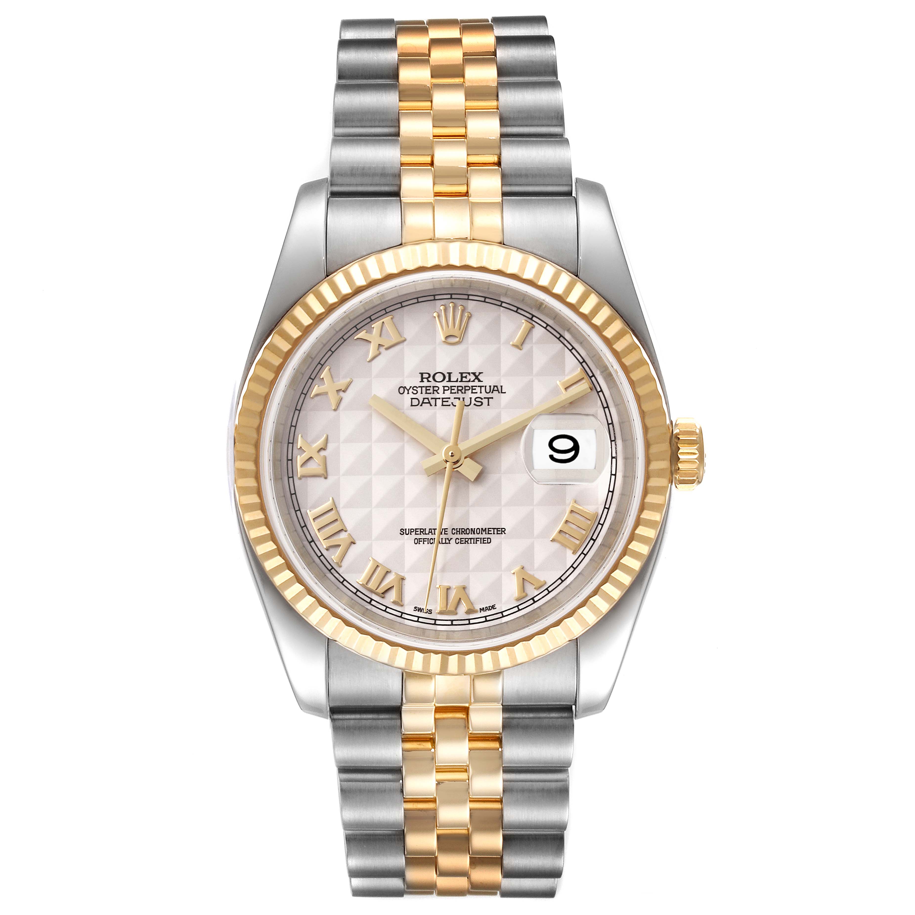 The image shows a frontal view of a Rolex Datejust 116233 Men's Steel and Gold (two tone) Beige Dial 116233 Men's Steel and Gold (two tone) Beige Dial watch, highlighting its two-tone bracelet, fluted bezel, and date display.