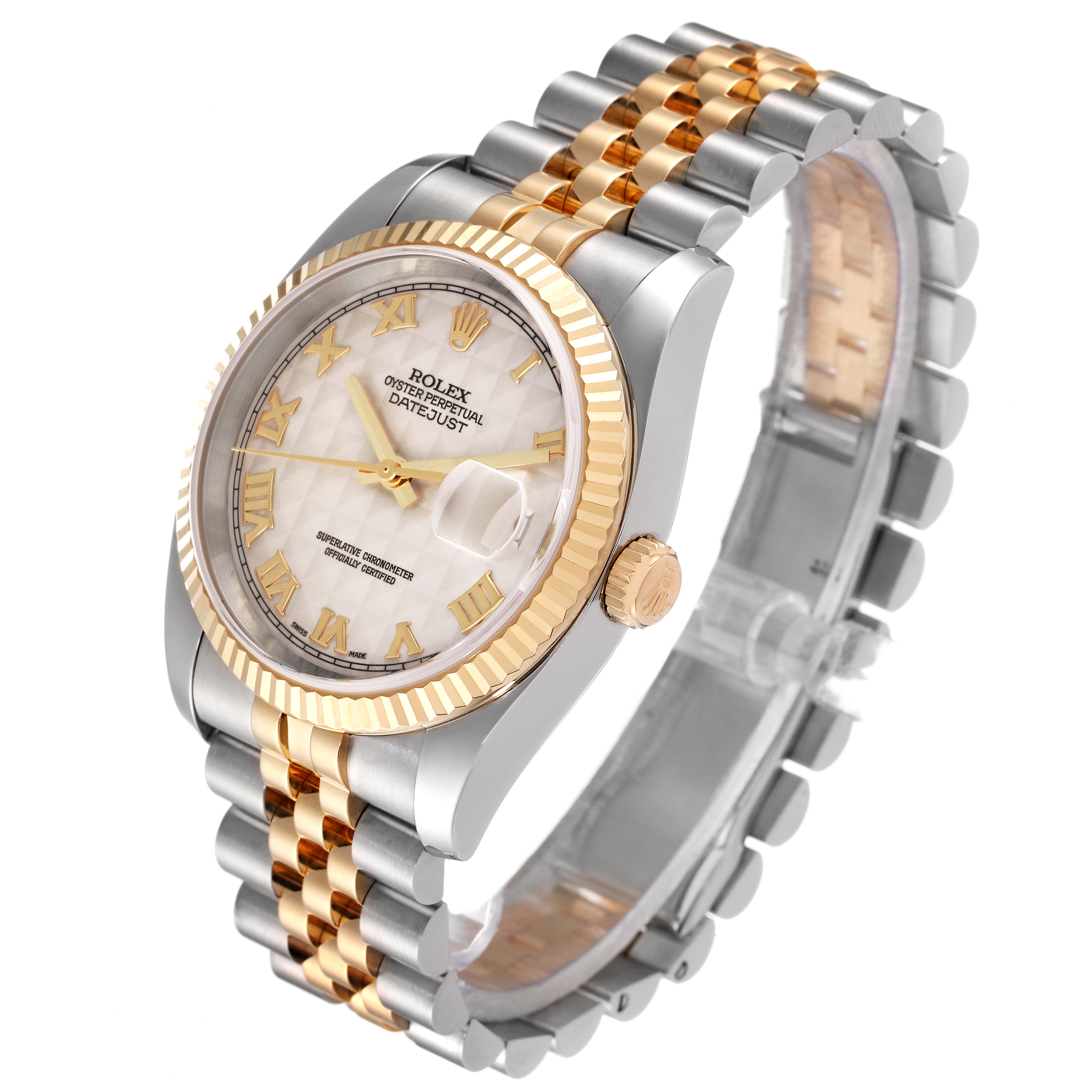 The Rolex Datejust 116233 Men's Steel and Gold (two tone) Beige Dial 116233 Men's Steel and Gold (two tone) Beige Dial watch is shown at a three-quarter angle, highlighting the two-tone bracelet, fluted bezel, and the dial.