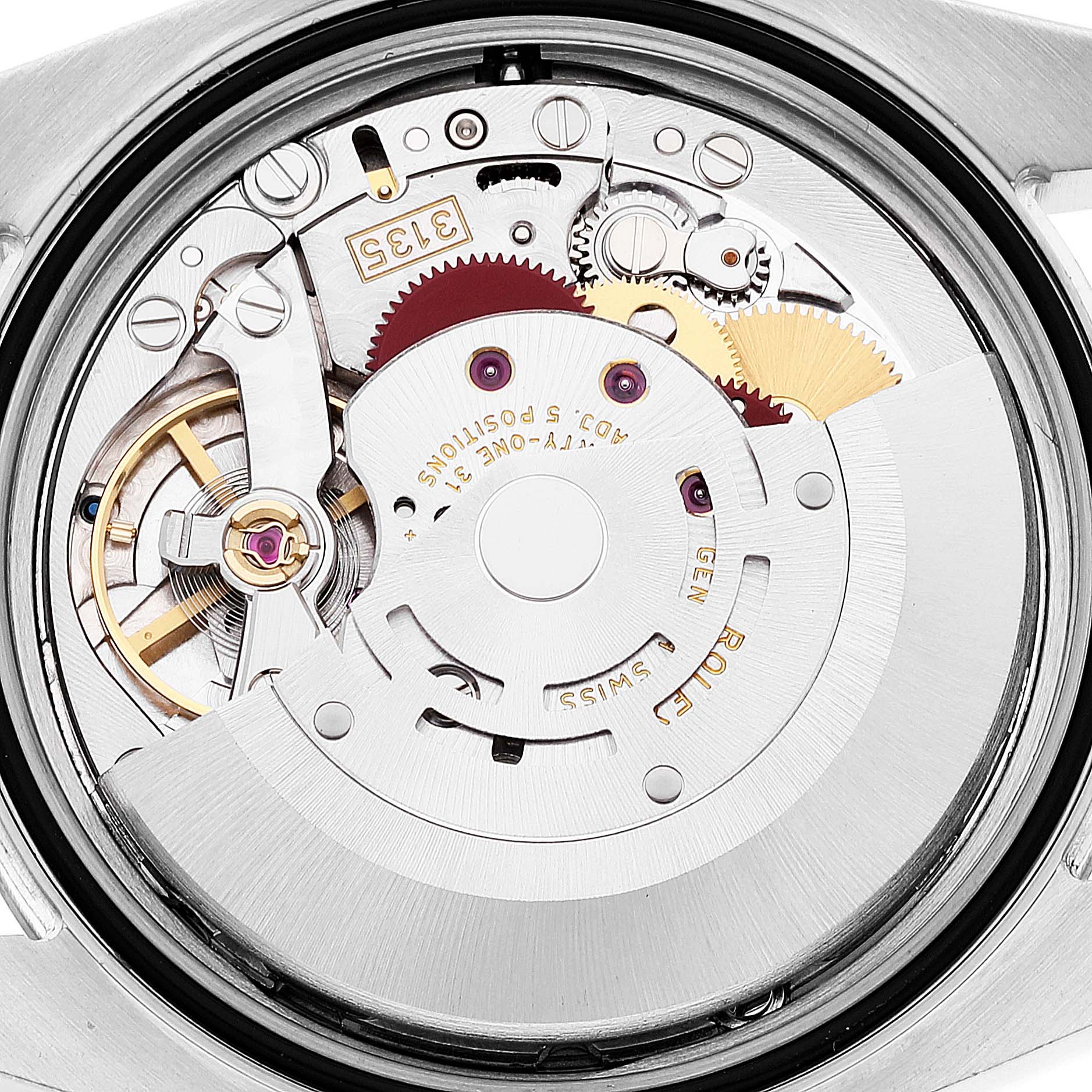 The image shows a close-up view of the movement inside a Rolex Datejust 116233 Men's Steel and Gold (two tone) Beige Dial 116233 Men's Steel and Gold (two tone) Beige Dial watch, highlighting the intricate gears and mechanical components.