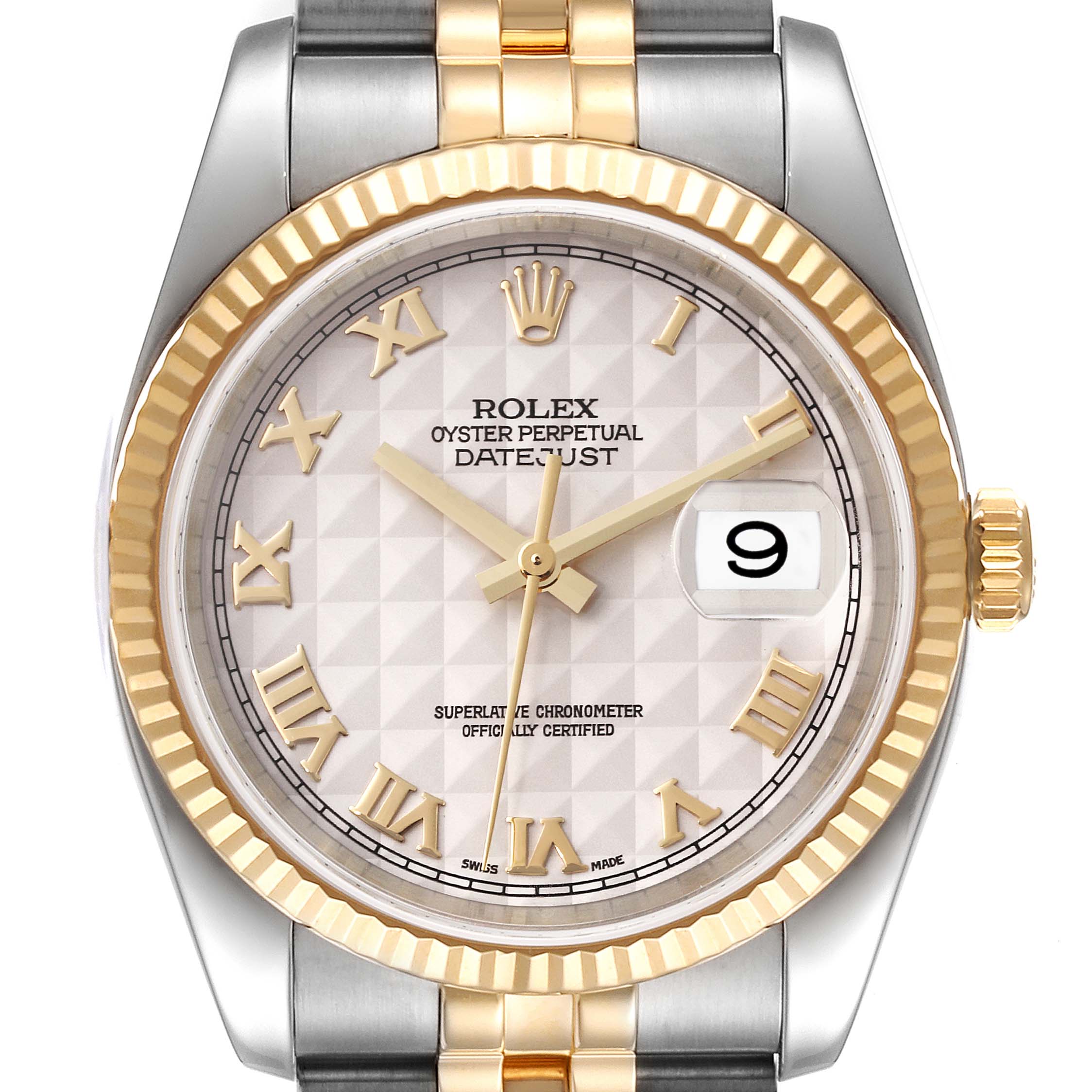 The image shows the front view of a Rolex Datejust 116233 Men's Steel and Gold (two tone) Beige Dial 116233 Men's Steel and Gold (two tone) Beige Dial watch, highlighting the dial, bezel, hands, and crown.
