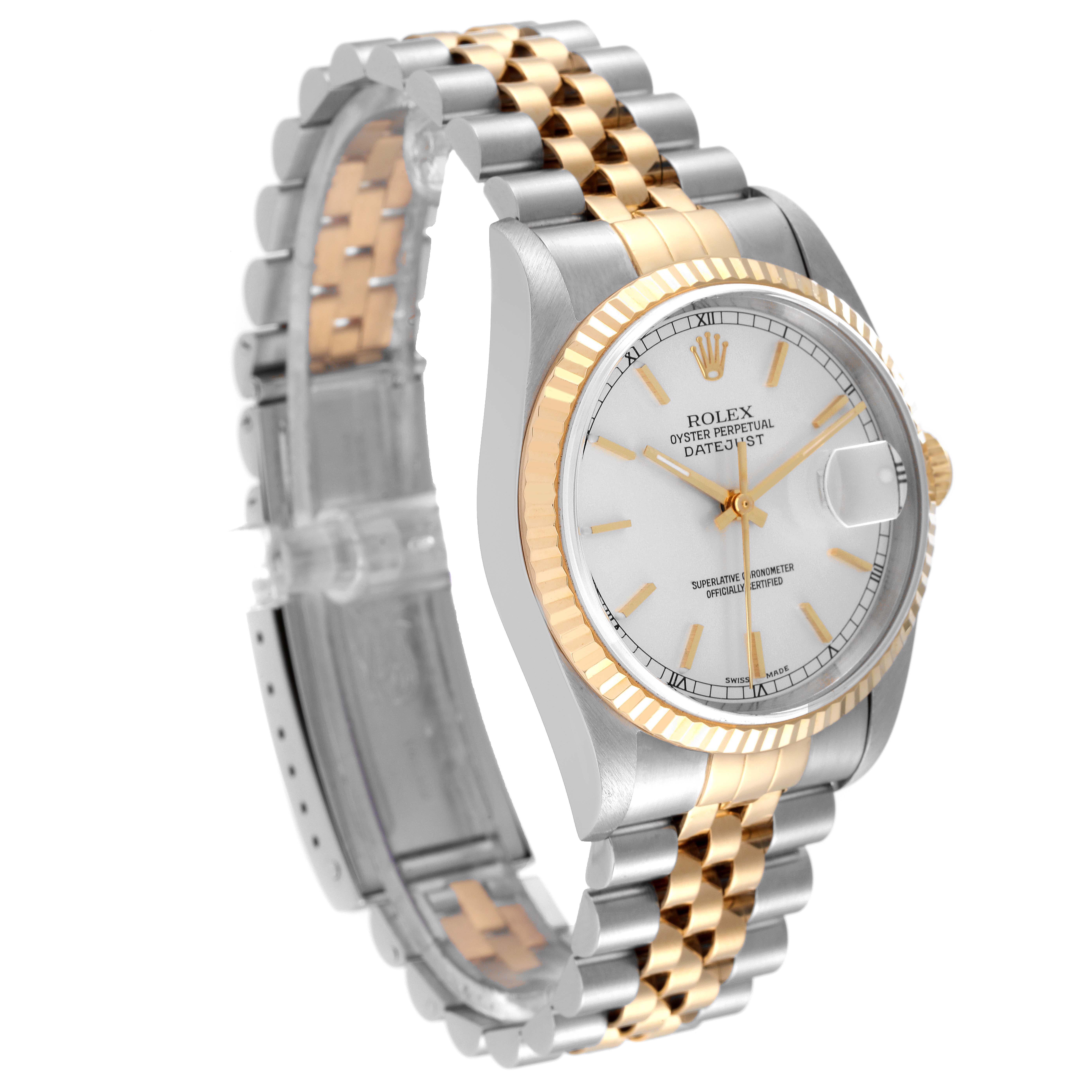 The image shows a Rolex Datejust 16233 Men's Steel and Gold (two tone) Silver Dial 16233 Men's Steel and Gold (two tone) Silver Dial watch at a three-quarter angle, displaying the face, bracelet, and partially the clasp.