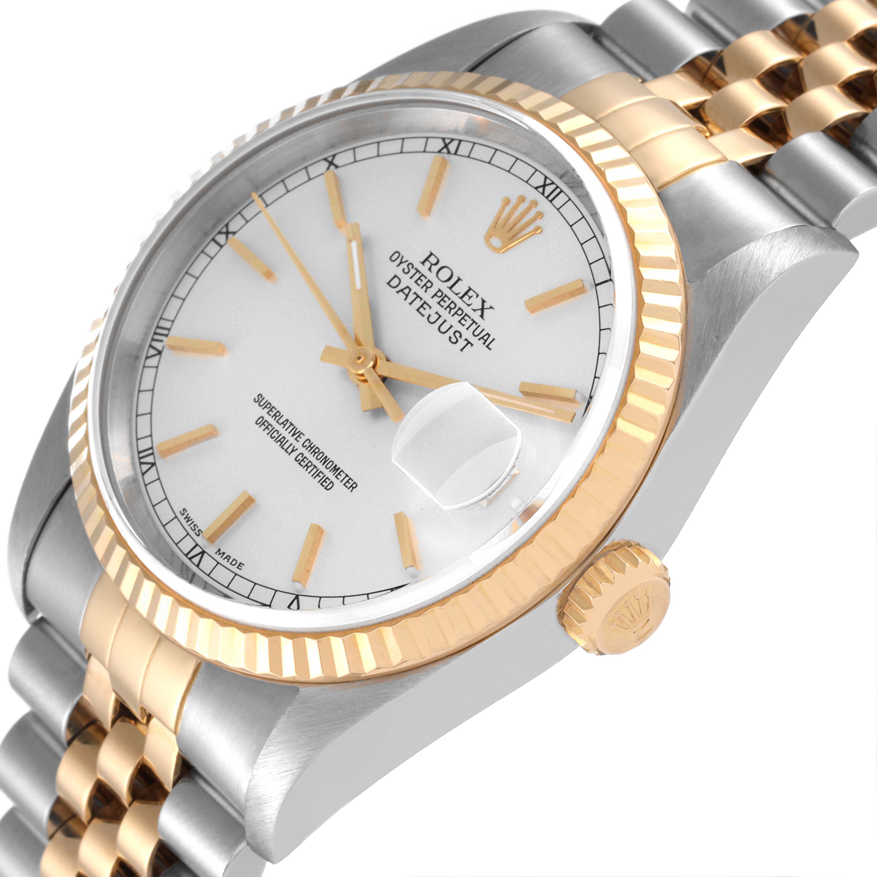 The image shows a Rolex Datejust 16233 Men's Steel and Gold (two tone) Silver Dial 16233 Men's Steel and Gold (two tone) Silver Dial watch at an angled close-up view, highlighting the dial, fluted bezel, crown, and two-tone bracelet.