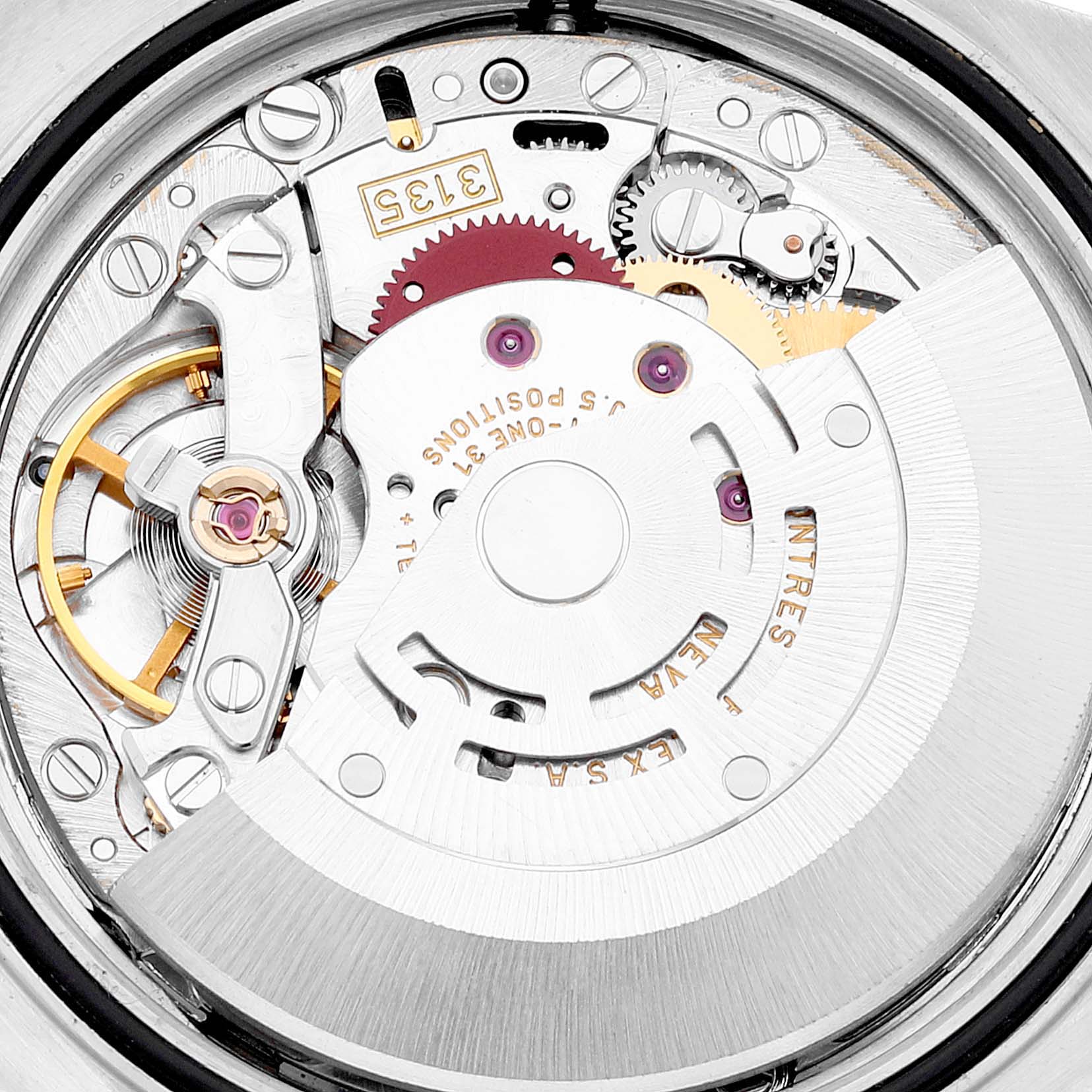 The image shows the intricate inner movement of a Rolex Datejust 16233 Men's Steel and Gold (two tone) Silver Dial 16233 Men's Steel and Gold (two tone) Silver Dial watch from a back angle.