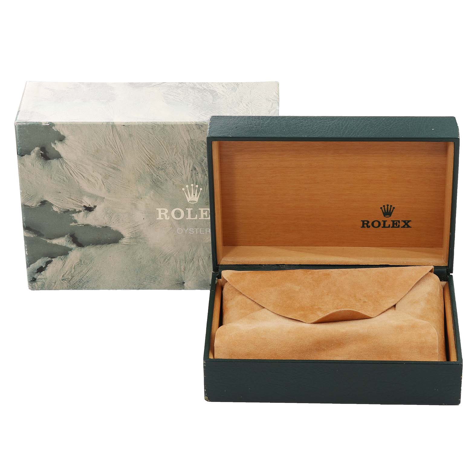 The image shows a Rolex Datejust 16233 Men's Steel and Gold (two tone) Silver Dial 16233 Men's Steel and Gold (two tone) Silver Dial model watch box and an outer box, both viewed from the front.