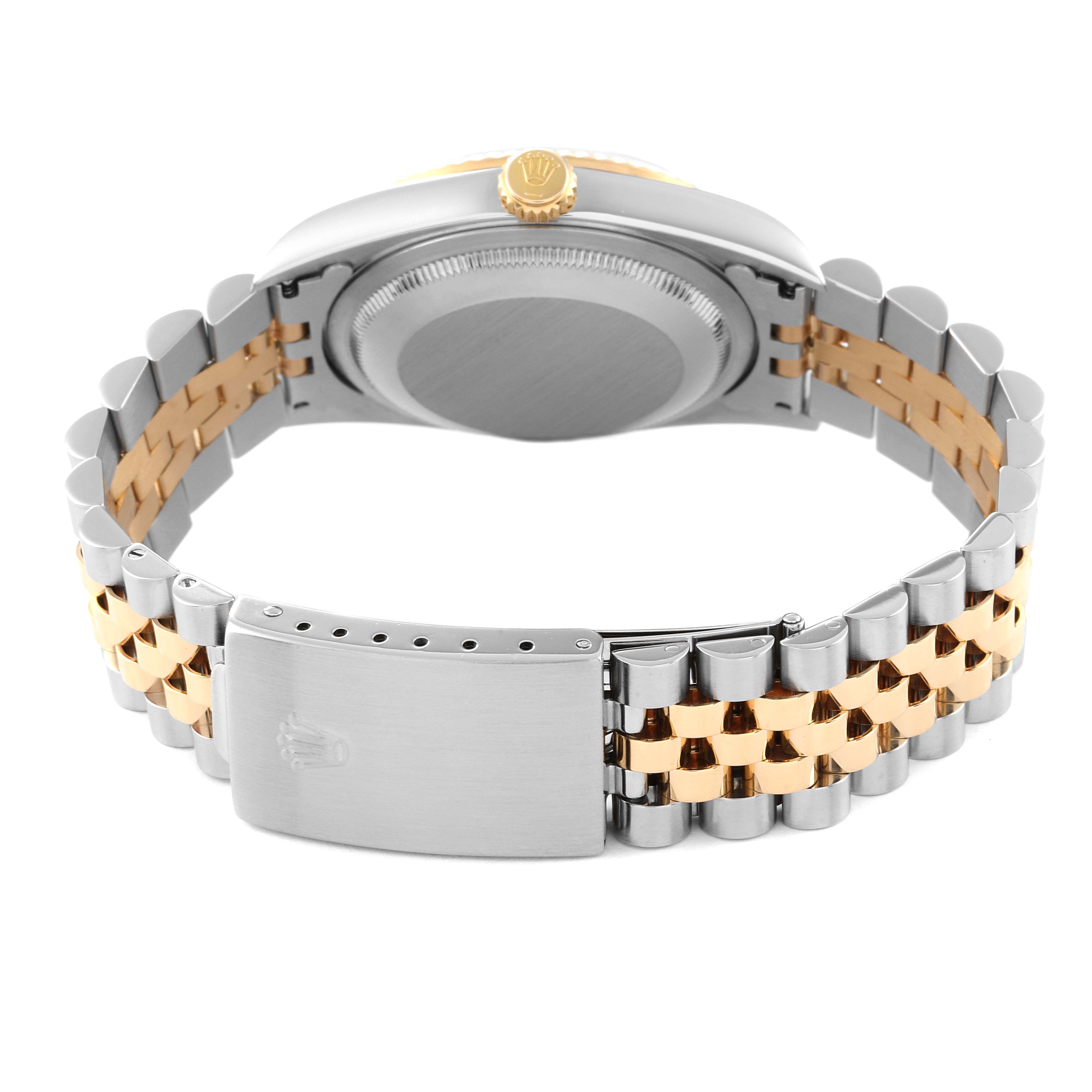 This image shows the back view, clasp, and bracelet of the Rolex Datejust 16233 Men's Steel and Gold (two tone) Silver Dial 16233 Men's Steel and Gold (two tone) Silver Dial watch.