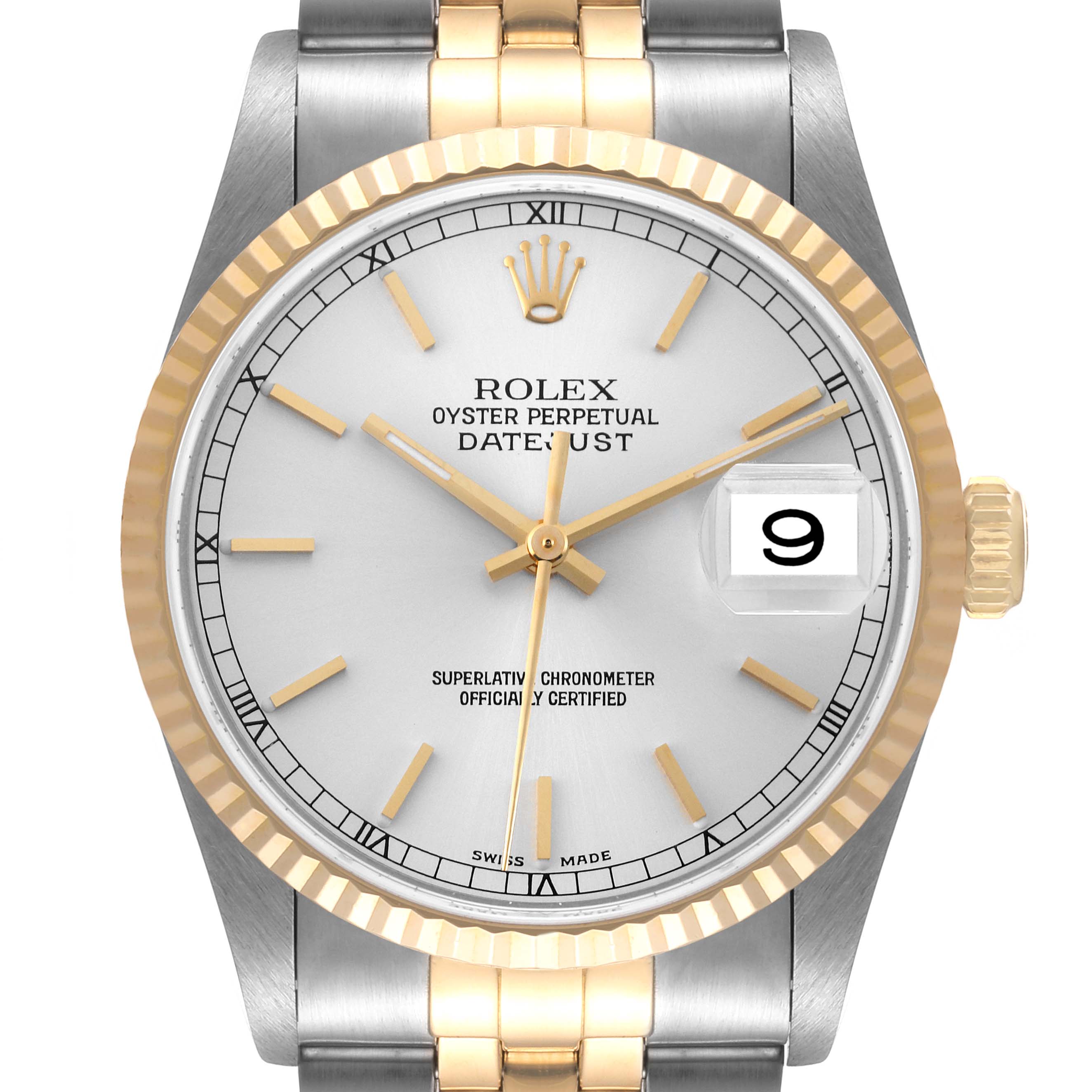 The image shows a Rolex Datejust 16233 Men's Steel and Gold (two tone) Silver Dial 16233 Men's Steel and Gold (two tone) Silver Dial watch from a top-down angle, displaying the dial, bezel, crown, and part of the bracelet.