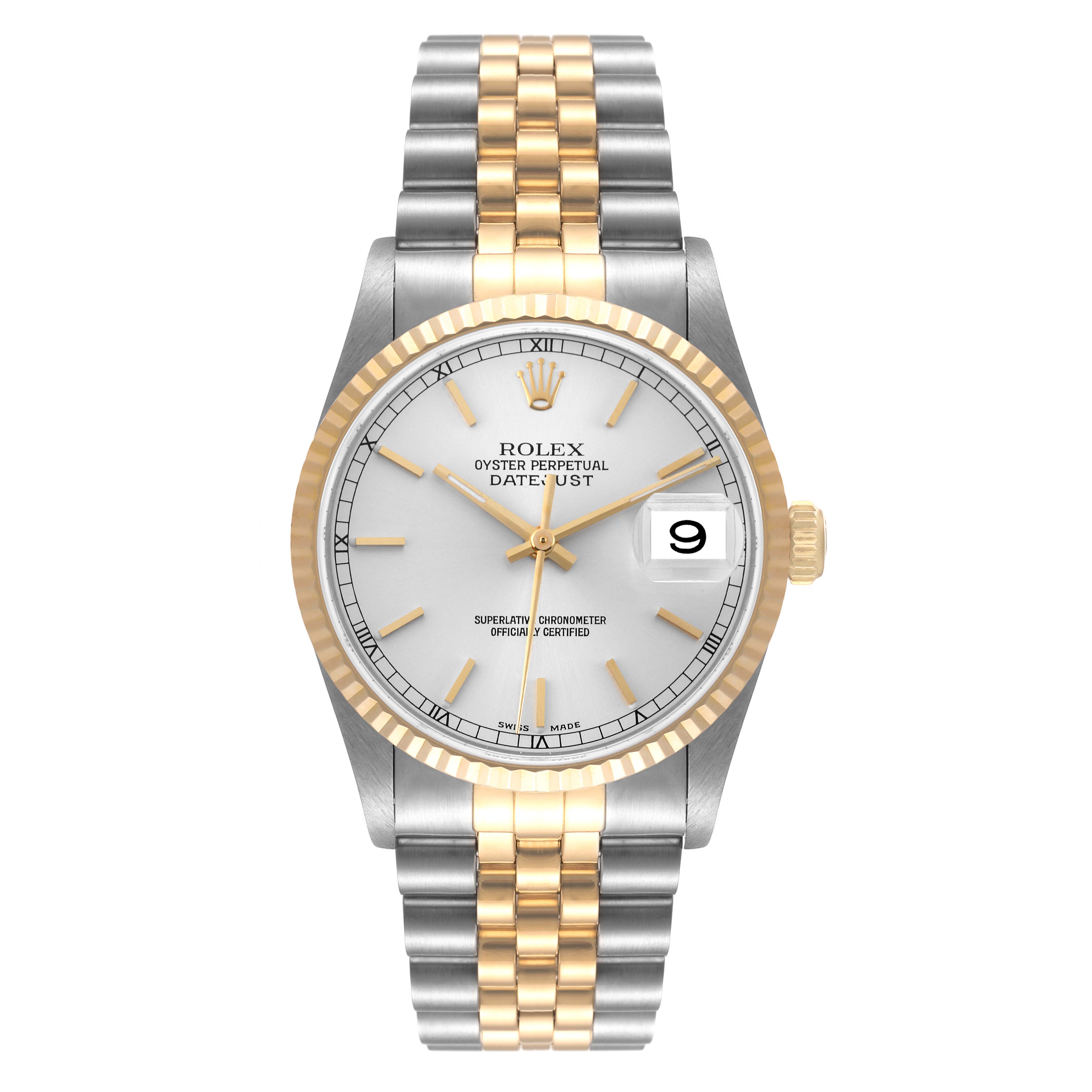 The image shows a front view of a Rolex Datejust 16233 Men's Steel and Gold (two tone) Silver Dial 16233 Men's Steel and Gold (two tone) Silver Dial watch featuring a two-tone bracelet and a date window.