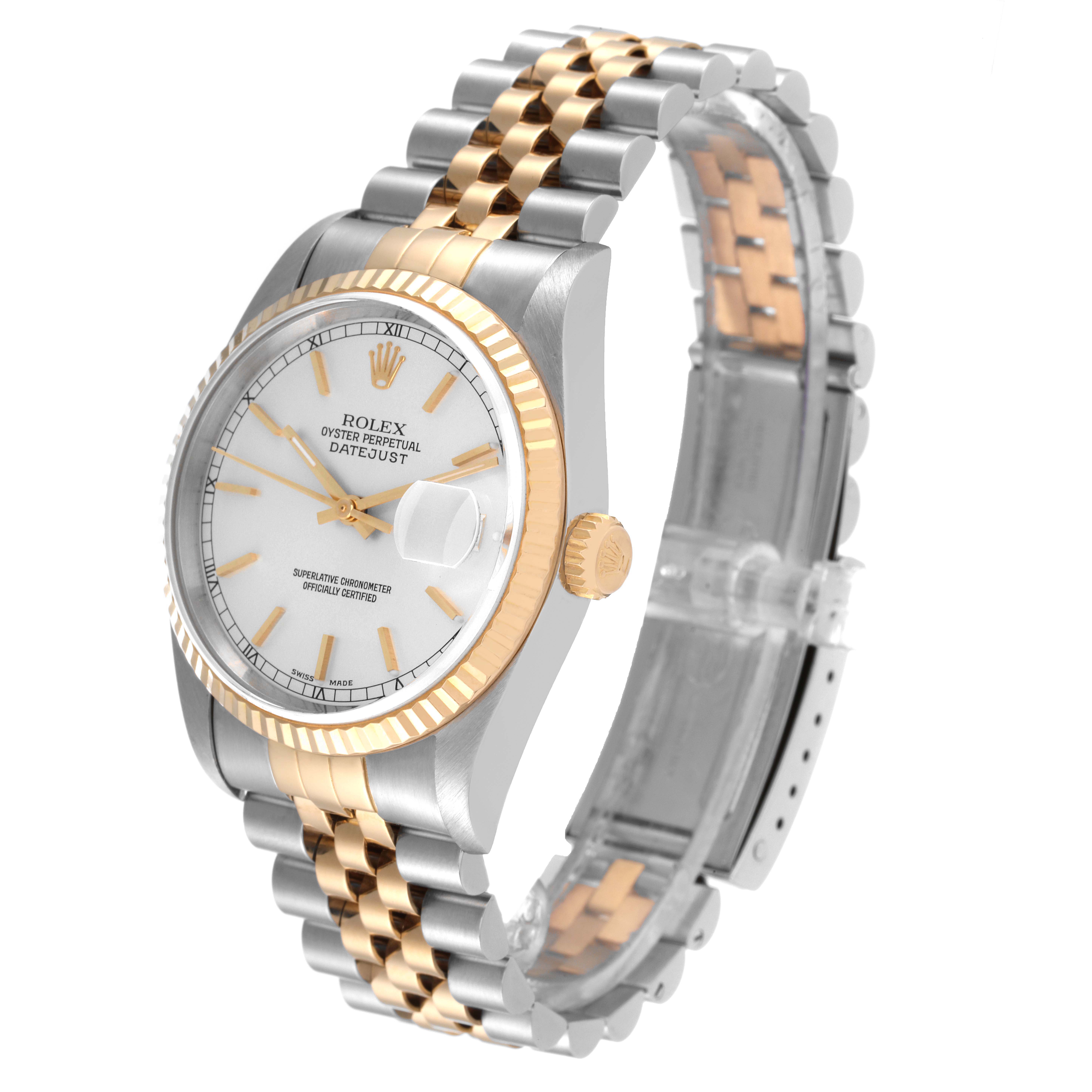 The Rolex Datejust 16233 Men's Steel and Gold (two tone) Silver Dial 16233 Men's Steel and Gold (two tone) Silver Dial watch is shown from a three-quarter angle, displaying its face, two-tone bezel, crown, and bracelet.