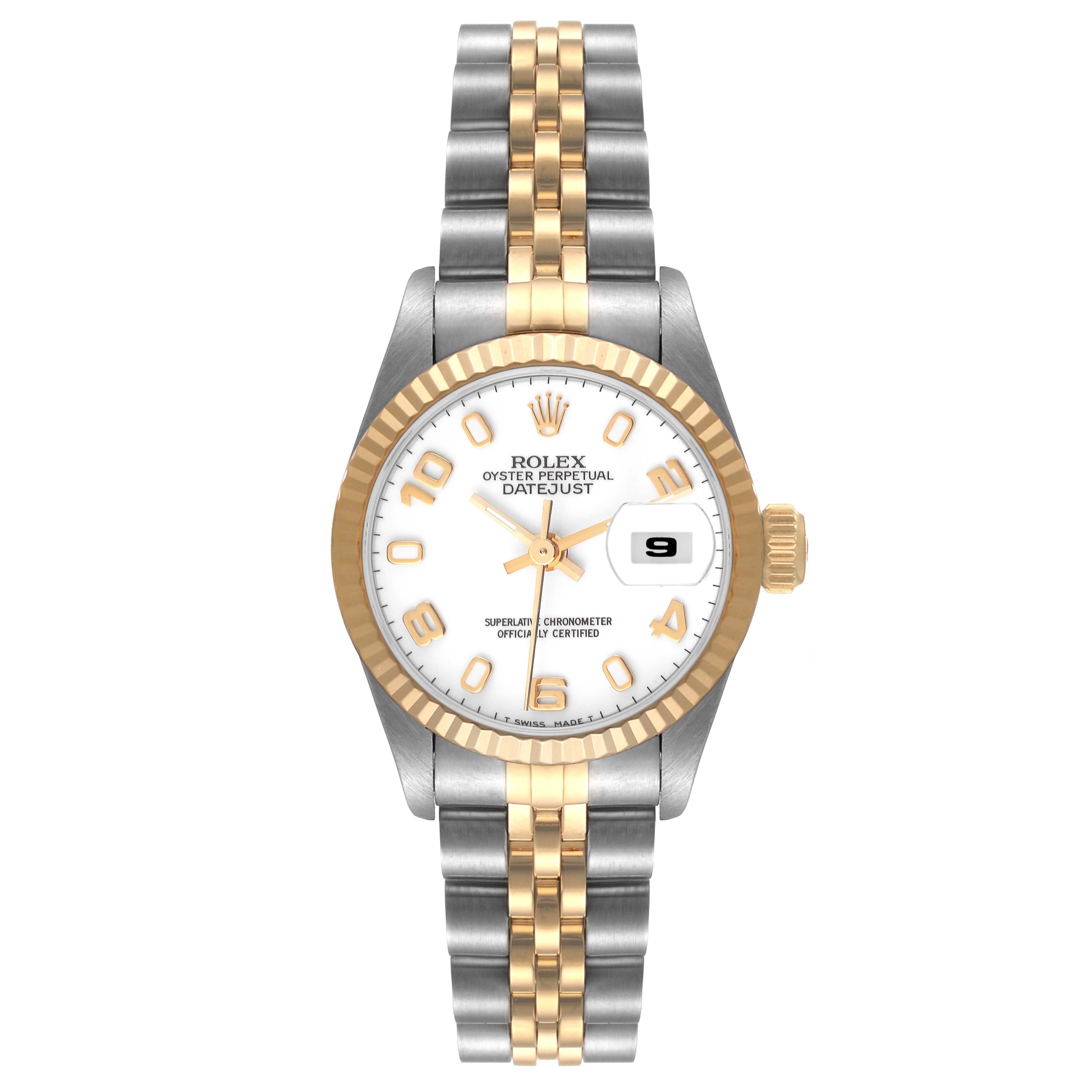 The image shows a frontal view of the Rolex Datejust 69173 Women
s Steel and Gold (two tone) White Dial 69173 Women
s Steel and Gold (two tone) White Dial, featuring its dial, bezel, and bracelet.